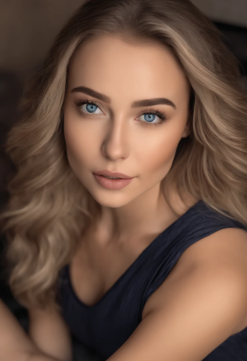 Arafed Full Woman, Sexy Woman with Blue Eyes, , Ultra Realistic, Meticulously Detailed, Portrait of Sophie Mudd, Blonde Hair and Big Eyes, Selfie of a Young Woman, Bedroom Eyes, Violet Myers, No Makeup, Natural Makeup, Looking Directly at the Camera, face artgram, subtle make-up, Impressive photo of the whole body kneeling on the bed, In the bedroom, Medium and large size chest, allowing the face to be seen clearly, portrait, swimsuit