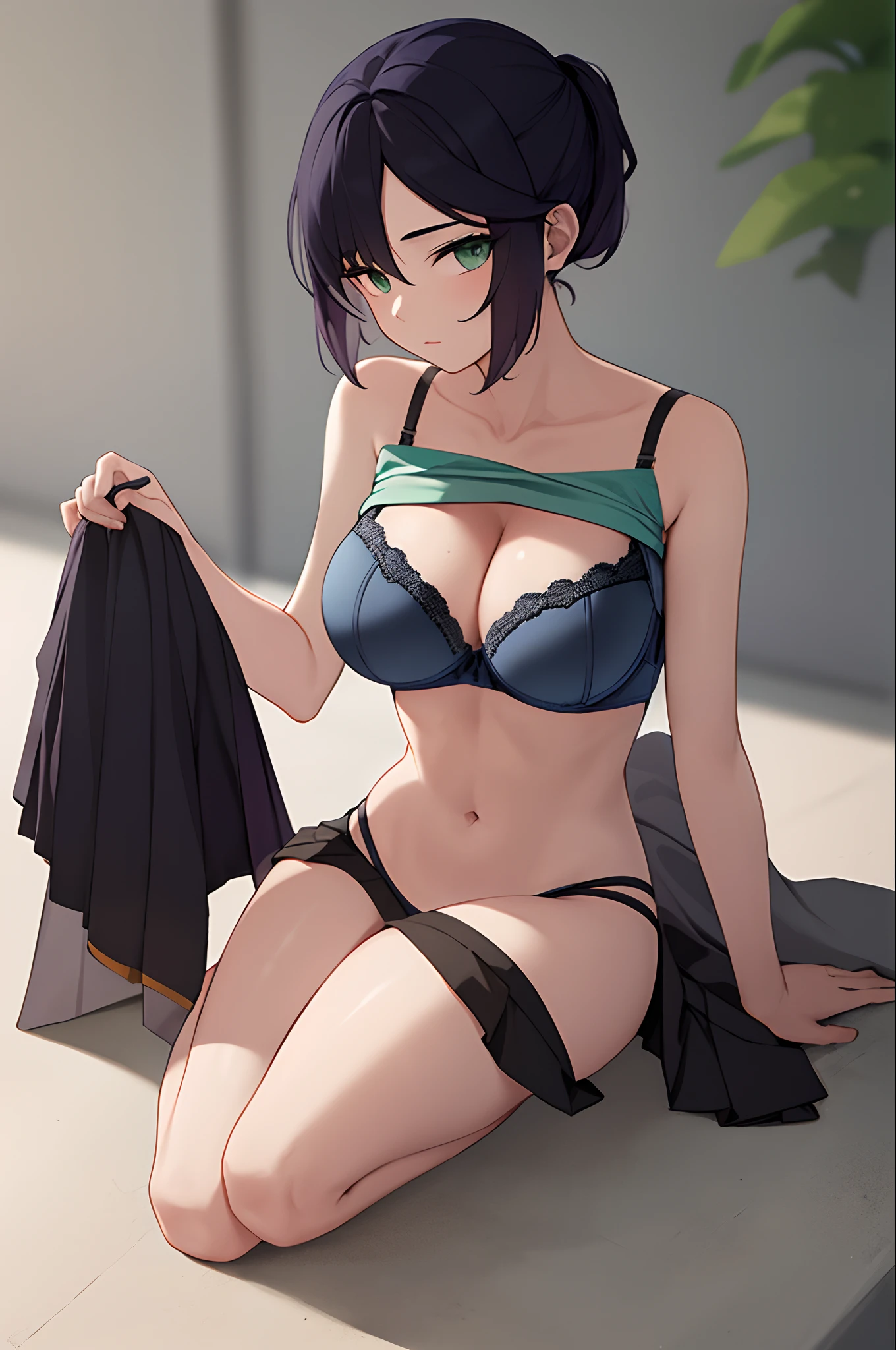 Best quality, dark blue hair and green eyes, large breasts, cleavage, navel, t-shirt, ((bra)),clothes lift, skirt, lying, full Body, perfect body ,sitting