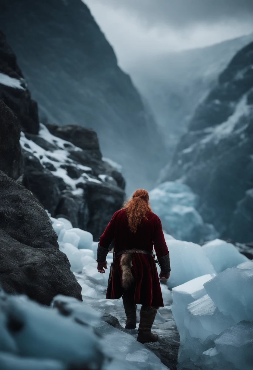 Viking with red hair and fur coat climbing a mountain of ice