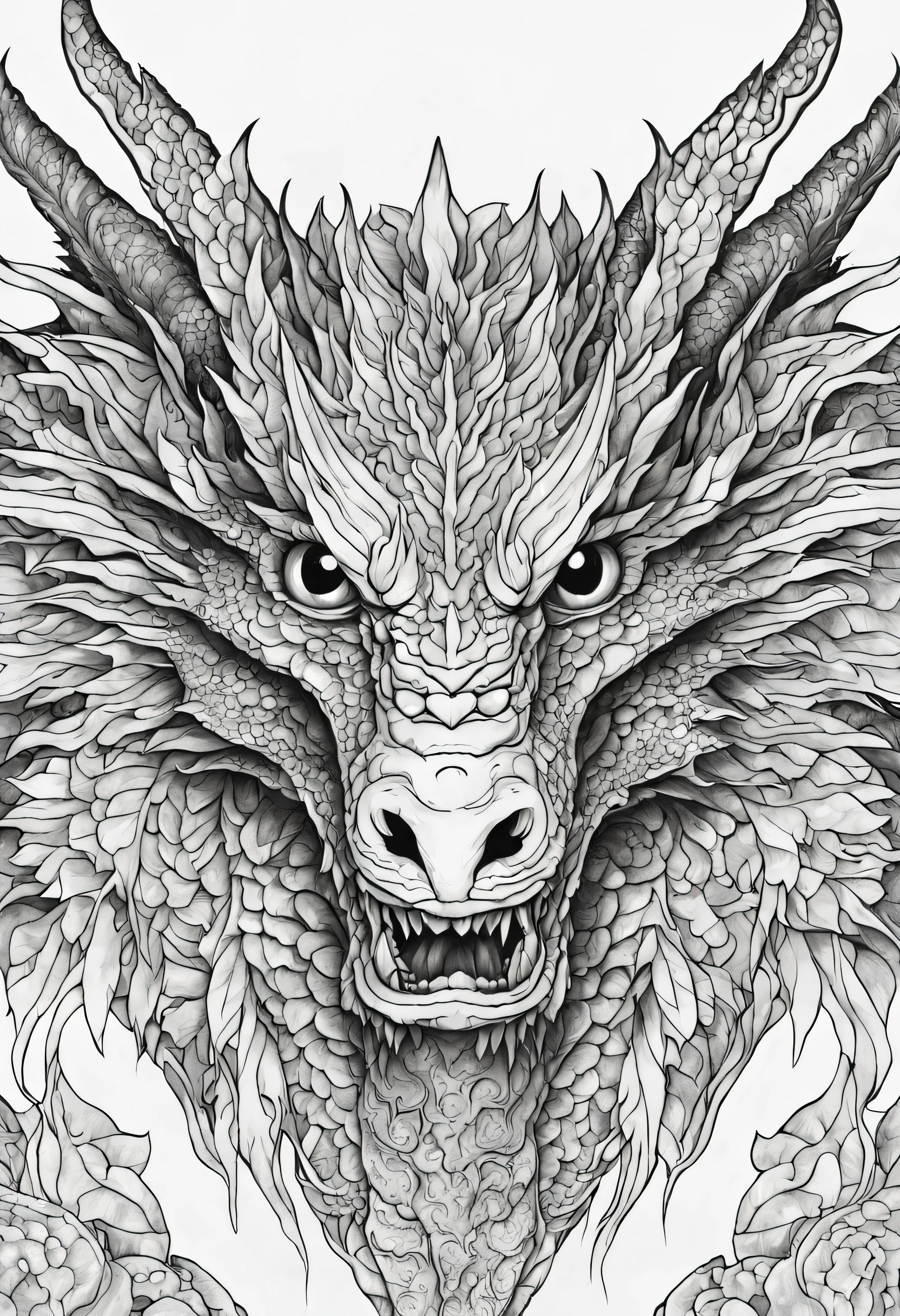 black and white coloring page for adults, featuring a magnificent dragon:0.2 intricately detailed, with (scales)1.2, (wings)1.4, and (ferocious eyes)1.3, ready to be brought to life with your creative shading and coloring skills.