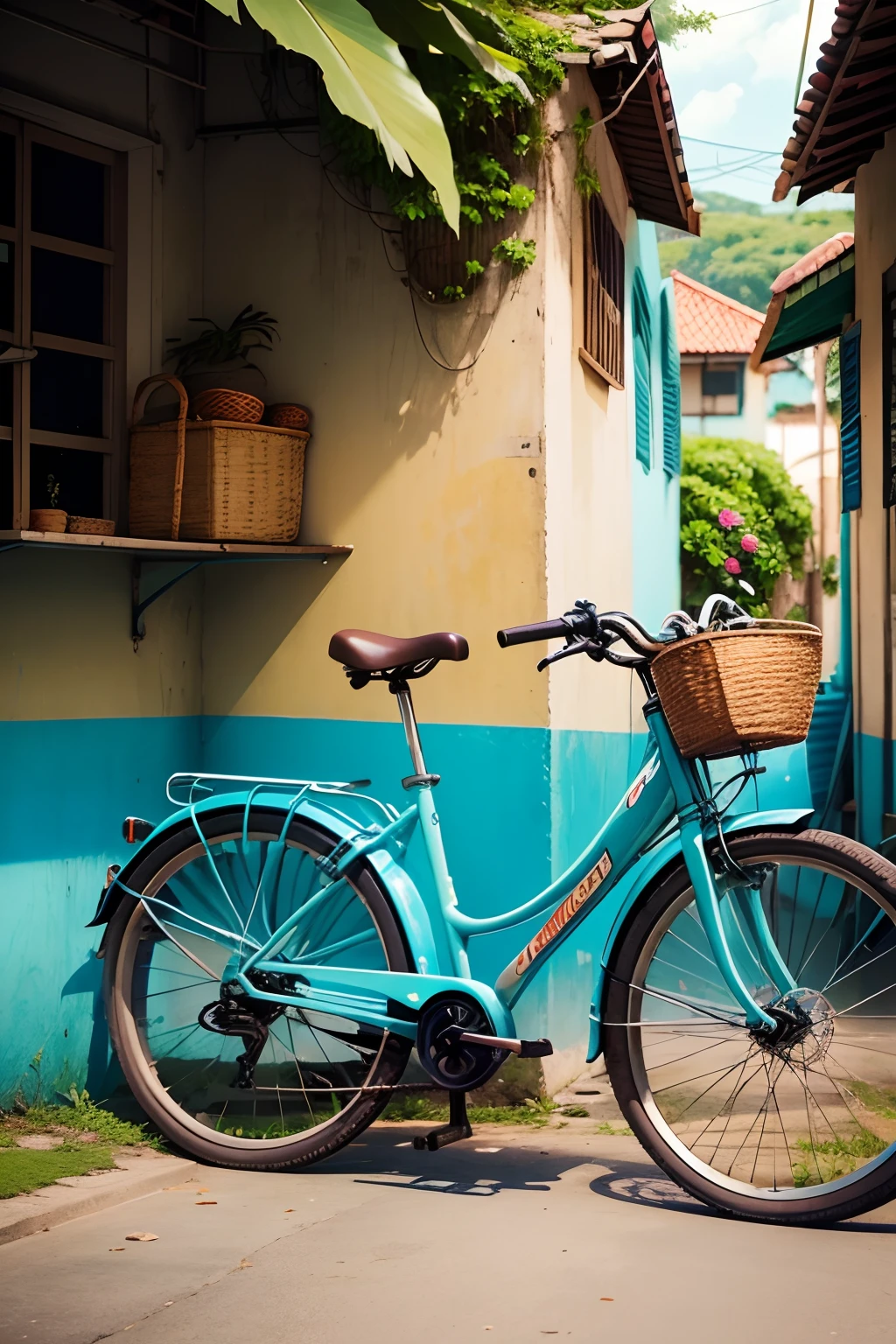 bicicleta antiga em meio a uma paisagem tropical