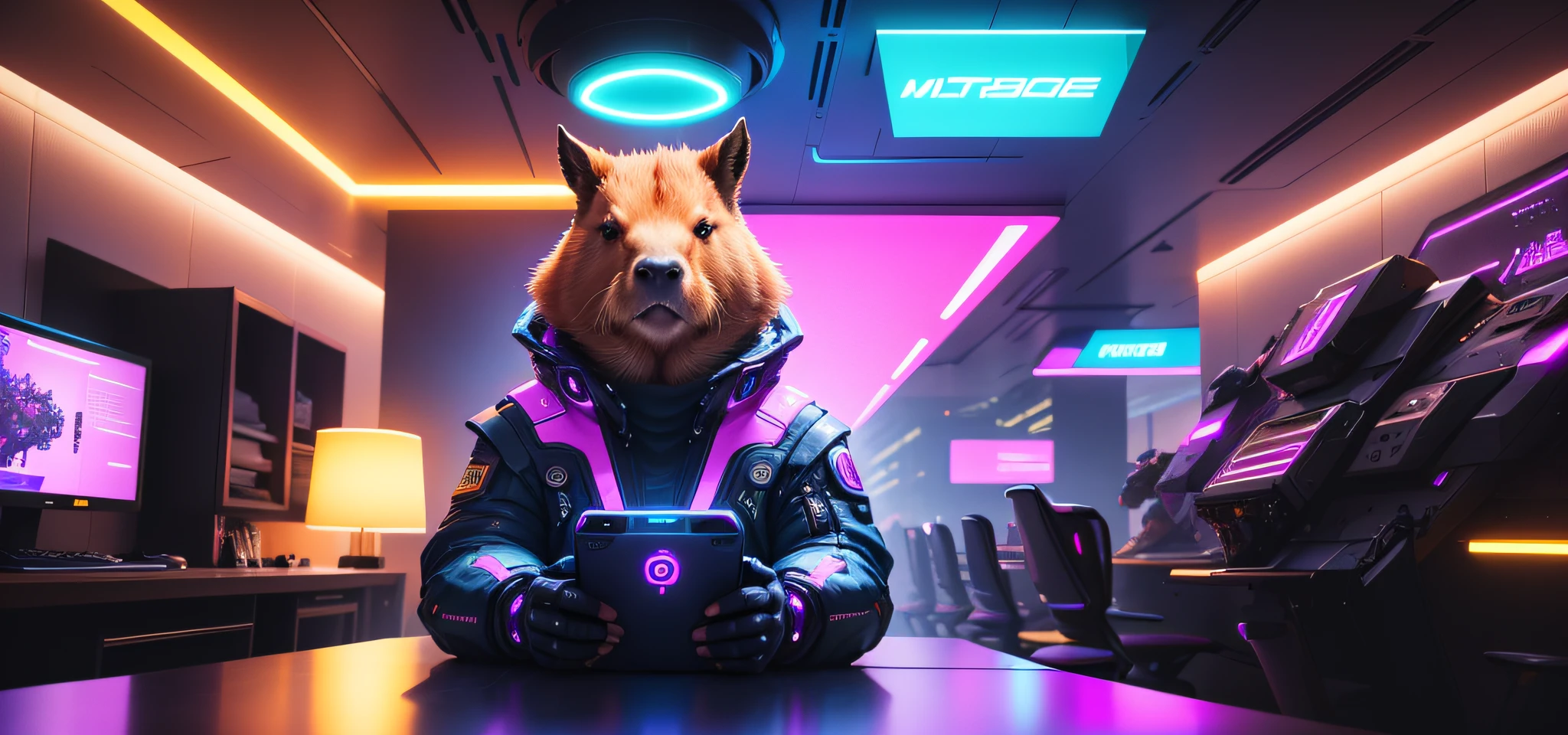 The furry, anthropomorphic capybara with the best quality:1.2 prompt should include the following details:
- Subject: An anthropomorphic capybara with a cyberpunk vibe.
- Material: 3D rendering for a more realistic and detailed representation.
- Additional details: The capybara has a face with unique and distinct features, including a furry texture and expressive eyes. It is wearing futuristic clothing that matches the cyberpunk aesthetic. The capybara has voluminous and thick hair, adding to its cool appearance. It is shown in a dynamic pose, sitting and fully immersed in playing a video game. The background should reflect a cyberpunk-inspired setting, with neon lights and futuristic technology.
- Image quality: (best quality, 4k, 8k, highres, masterpiece:1.2), ultra-detailed, realistic, and photorealistic. The image should have sharp focus and vivid colors, with studio lighting used to enhance the overall quality.
- Art style: Cyberpunk, reflecting the futuristic and technological aspects of the prompt.
- Color palette: A combination of vibrant and neon colors, predominantly in shades of blue, purple, and pink, to create a cyberpunk atmosphere.
- Lighting: The lighting should be atmospheric, with a focus on accentuating the cyberpunk elements. This can be achieved by incorporating dramatic shadows, neon lights, and strong contrasting tones.