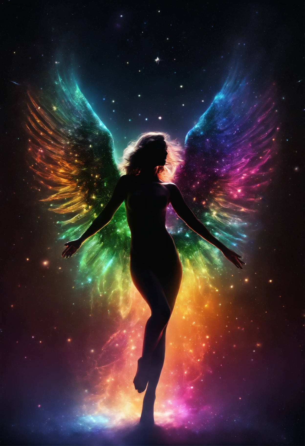 1woman,nude,Cosmic Fallen Angel,bright colors,Light particles,with light glowing tattoo,Mshiff,wallpaper art,UHD wallpaper,stars,galaxy,(silhouette:1.3),light streaks,abstract,nuclear blast,rainbow,dynamic pose,