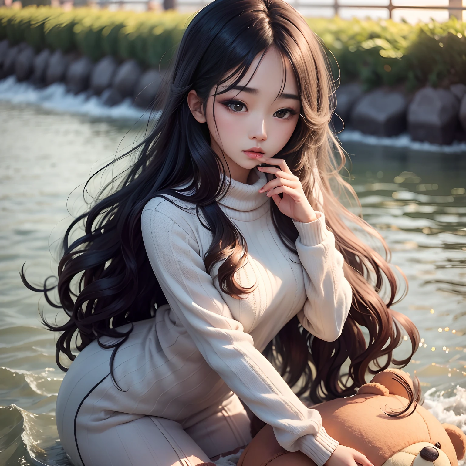 1girl walking on the river, mix4, Sweater, pillow head, Lips, Open_Mouth, Realistic, Photo_(mediating), Solo, stuffed_Animal, stuffed_toys, teddy_bear,(Masterpiece),(Photorealistic:1.3), Ultra-detailed, (highdetailskin:1.2),(Best quality:1.0), (超高分辨率:1.0), (Ulzzang-6500:0.3), Wavy detailed hair, Long hair, Sunshine, (Beautiful detailed makeup), (Sexual arousal blushing heavy breathing:1.0)