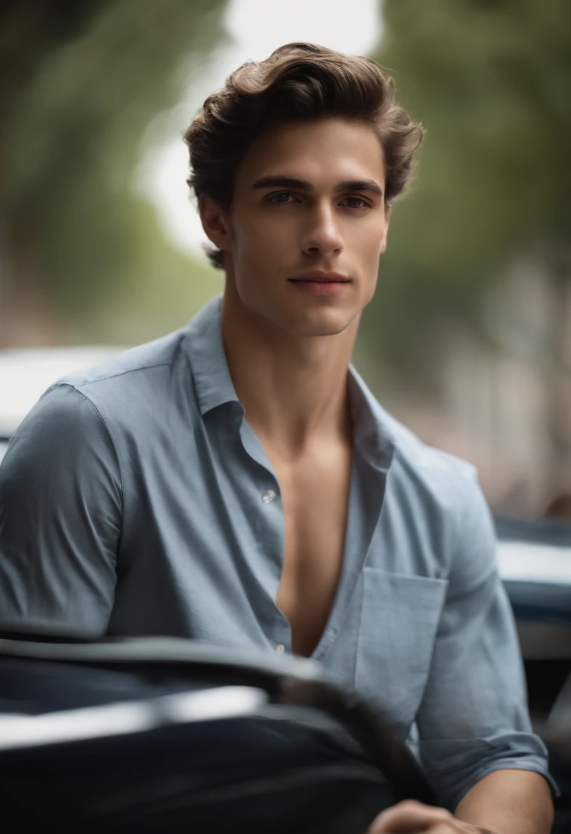 This 20-year-old British man displays a radiant youth.., with naturally pink lips that curve into a charming smile. Seu cabelo loiro, curto e reto, flows gently up to the neck, capturando a luz de maneira sutil. Seus olhos azuis, As clear as the sky, refletem uma serenidade juvenil. The perfect facial features outline a captivating face, where every detail looks carved with precision. Your toned body reveals dedication to health and well-being, conveying an athletic and vibrant presence. Vestindo uma simples camisa de linho, ele irradia felicidade, as if the light fabric matched the lightness of his spirit. A camisa, sutil e elegante, highlights your youth with a touch of relaxed style. The cinematic portrayal is realistic, com um rosto lindamente detalhado, With a high resolution of 8K and atmospheric lighting that highlights the realistic and sharp features of your face.