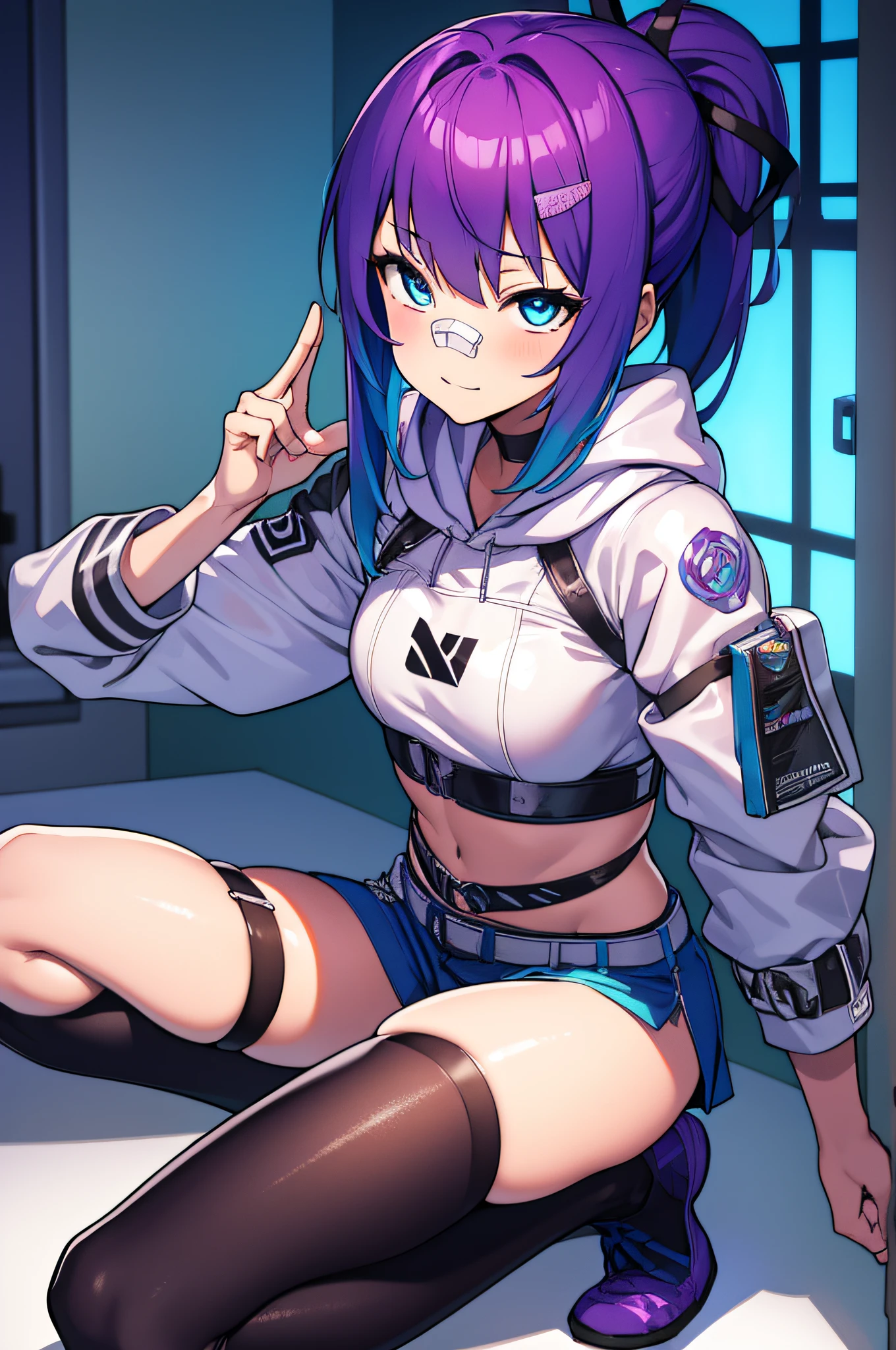 projektmelody, melody, hair ornament, multicolored hair, ponytail, purple hair, sidelocks, streaked hair, triangle hair ornament, two-tone hair,  aqua eyes, (small breast:1.2),
BREAK ponytail, bandaid, bandaid on face, bandaid on nose, belt, black gloves, black leotard, blue belt, denim, denim shorts, fingerless gloves, gloves, hood, hood down, hooded jacket, jacket, leotard, purple belt, short shorts, shorts, white hood, white jacket, white shorts,
BREAK looking at viewer,
BREAK indoors, 
BREAK (masterpiece:1.2), best quality, high resolution, unity 8k wallpaper, (illustration:0.8), (beautiful detailed eyes:1.6), extremely detailed face, perfect lighting, extremely detailed CG, (perfect hands, perfect anatomy),