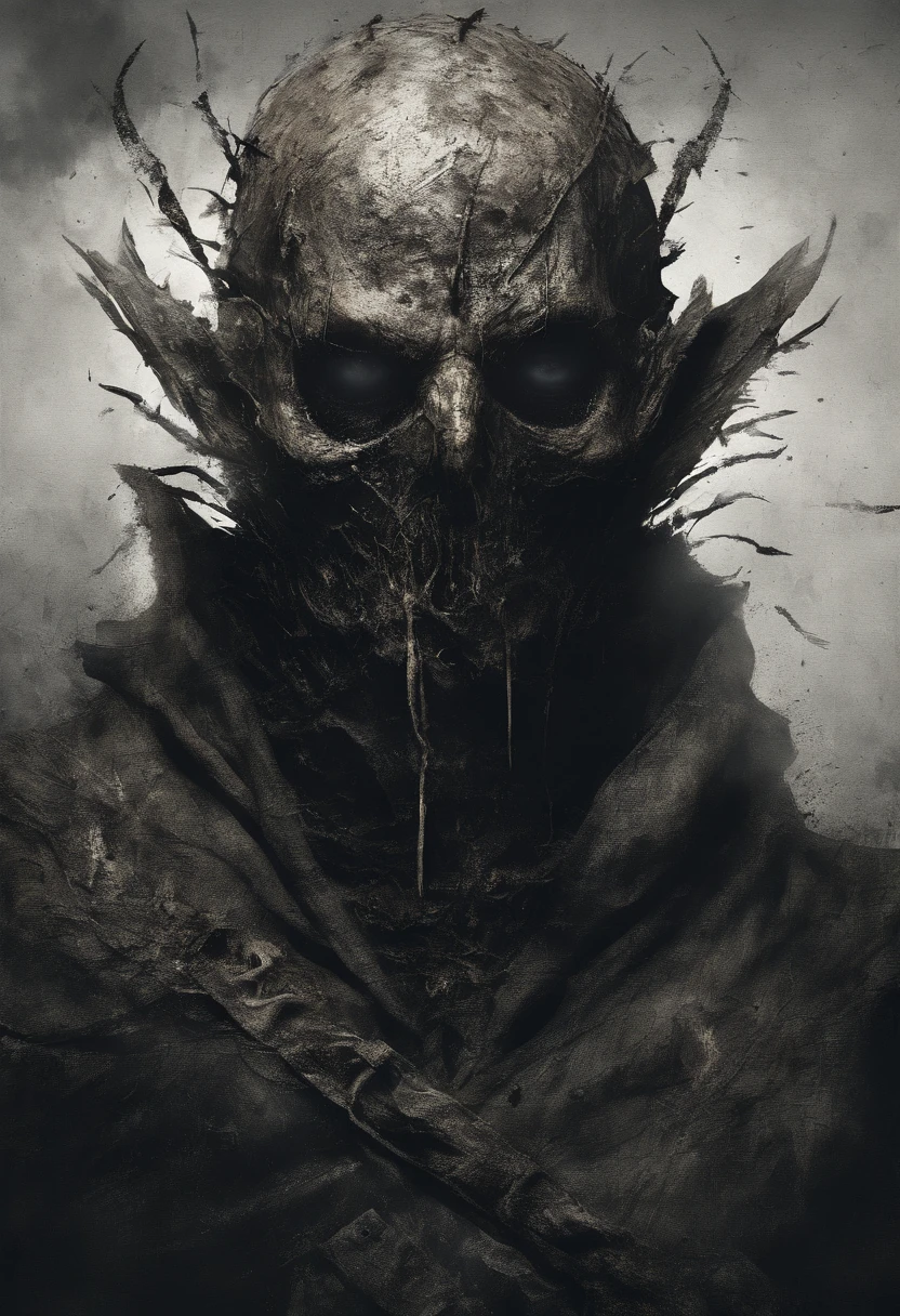 waist up, very old, half of the face deformed and melted, scary, dirty, beggar, short gray hair, pale and wrinkled skin, sparse beard, yellowish pupils, hunched posture, penetrating and evil gaze, torn clothes, feather cloak crow on the back, body covered with bandages and hood, fog, dark gas station, horror, fear, scary, suspense, mysterious