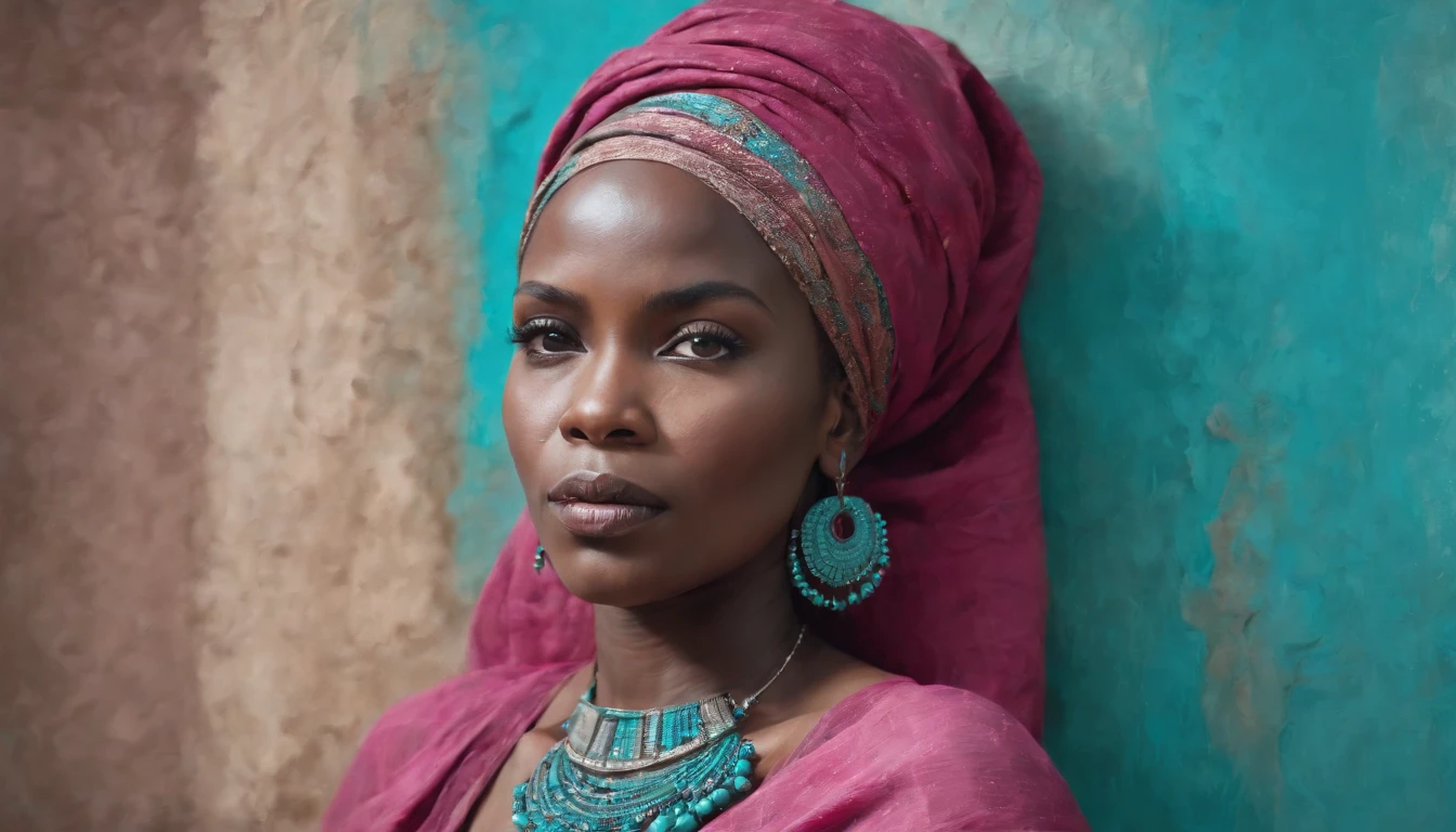 oil on canvas painting of an african woman, in the style of dark pink and turquoise, uhd image, contemporary middle eastern and north african art, silver and bronze, layered and textured mixed media pieces