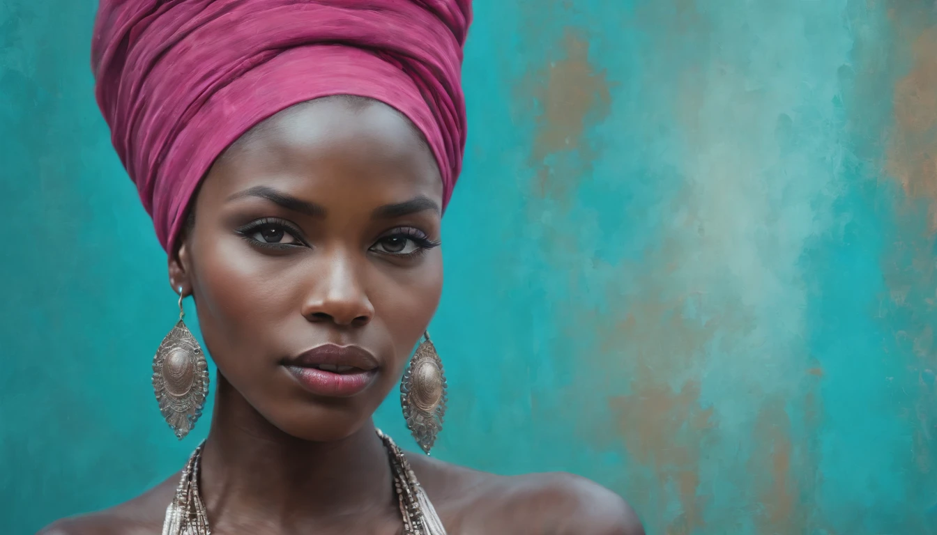 oil on canvas painting of an african woman, in the style of dark pink and turquoise, uhd image, contemporary middle eastern and north african art, silver and bronze, layered and textured mixed media pieces