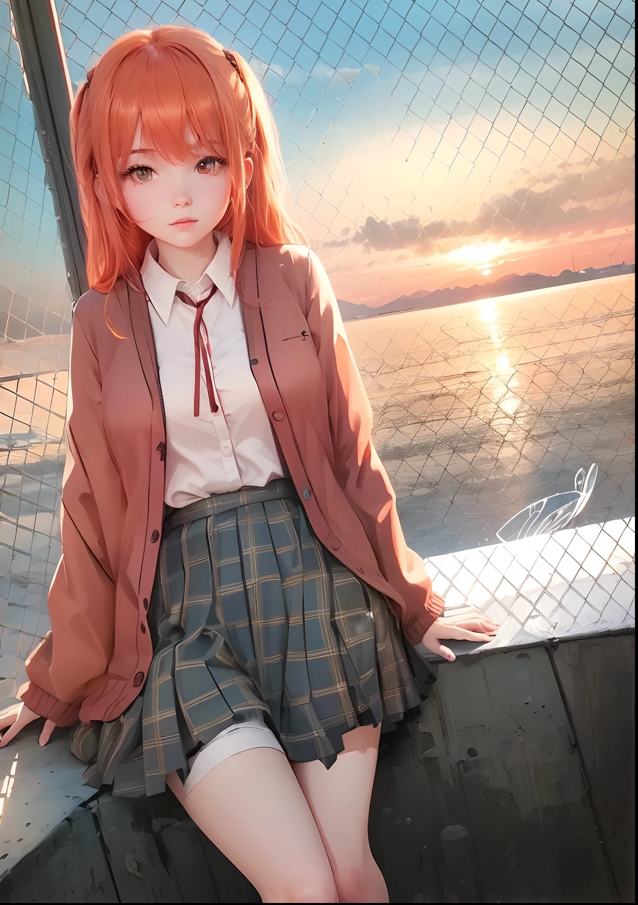1 girl, sitting beside lake, beautiful face, orange hair, wearing school uniform, sunset vibes, cinematic lighting, Sunset, super rendering, high quality, extremely detailed, Amazing, realistic, 8k