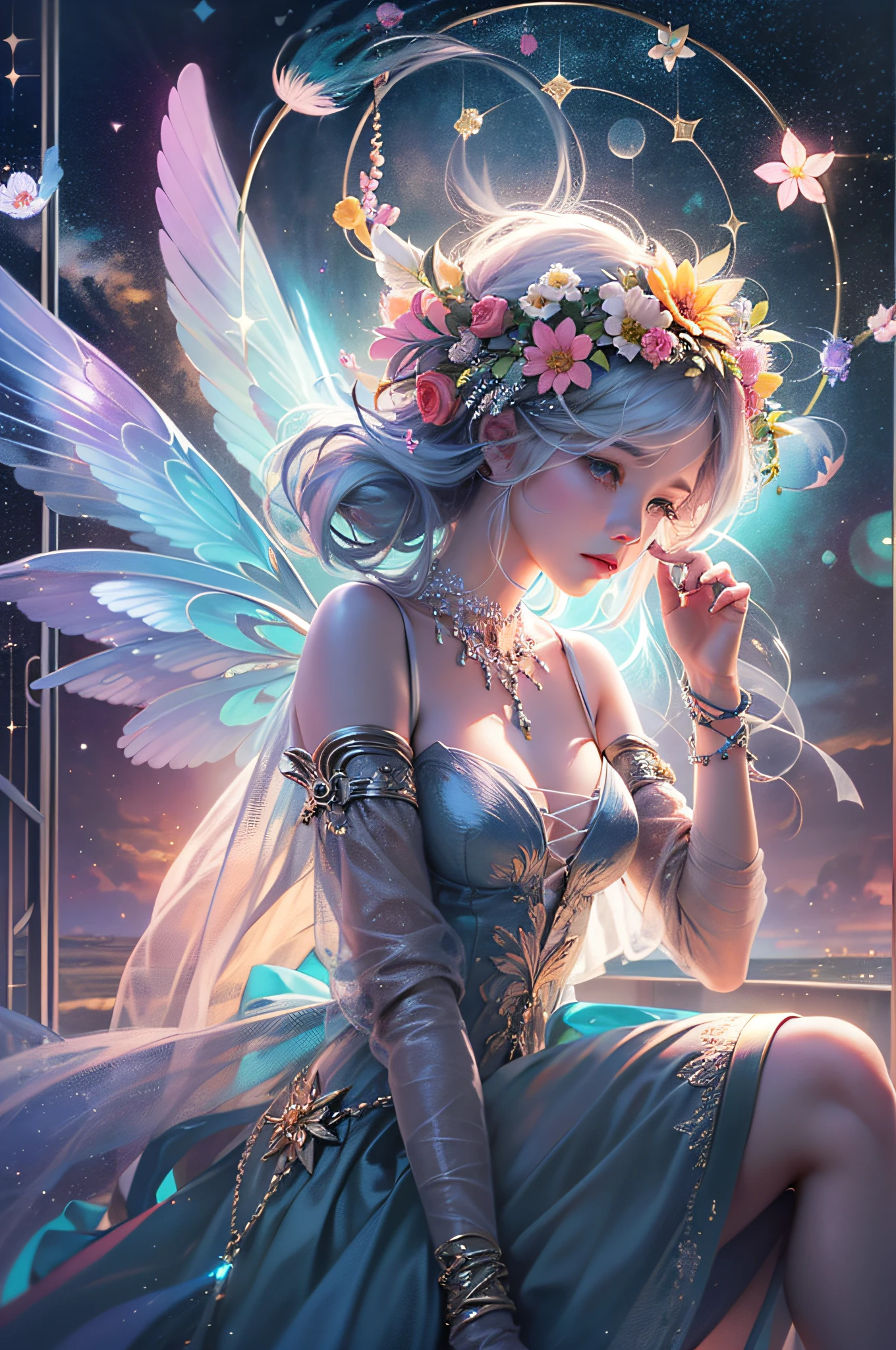 generate a fairy lady, wearing flowery outfit and with huge fairy wings, while holding a flowery wand, she is a beautifull fairy who is really charming, she is flying and give kiss sign, forest and lake background, beautifull flower, sparkling background, aurora effect, digital effect, glimmering effect, ambient effect, from side, masterpiece, best quality:1.2),(8k,highres,RAW photo,realistic,photo-realistic:1.3),(detailed skin texture,detailed cloth texture,beautiful detailed face:1.25),professional lighting,photon mapping,beautiful soft light,radiosity,physically-based rendering,raytracing, model shoot style, model shoot style, (extremely detailed CG unity 8k wallpaper), full shot body photo of the most beautiful artwork in the world, (((NSFW))), (((nude))), (completly naked))), (((nipples))