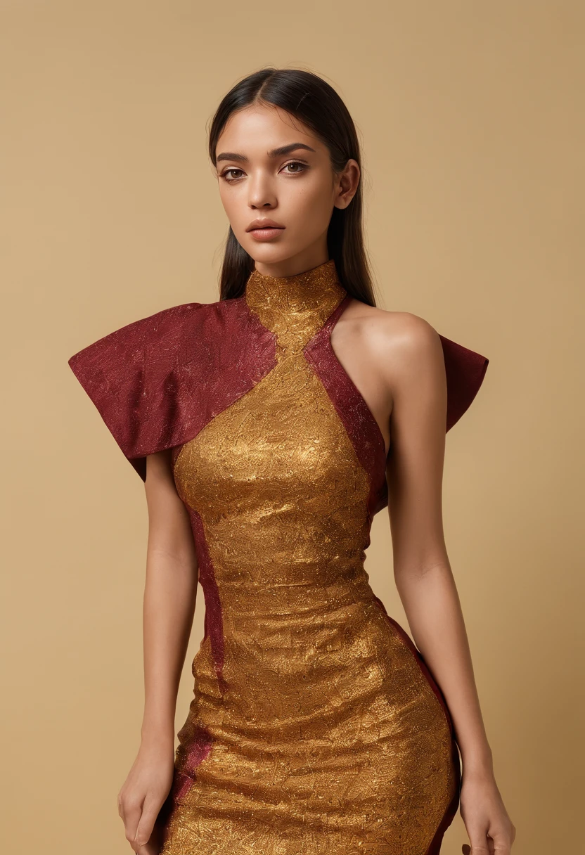 fotografia de moda corpo inteiro, corpo inteiro, gorgeous androgynous, indigenous androgino PIJAO Colombia, cabelos longos e lisos, Slightly elongated head, head modification, em um vestido Streetwear, streetwear, vestido midi com 3 pregas na frente mangas nos ombros e gola tipo V, amarelo ouro, yellow gold and burgundy, yellow gold and burgundy streetwear dress of the brand "TA", "TA" streetwear// SENÁRIO: emergindo de uma lagoa, ao fundo o "Nevado del Tolima" Colombia, Pico nevado, Parecendo legal, iconic, destacado, but relatable. hiper-realismo, Foto realista, Apenas fotografia, Sem escrever.