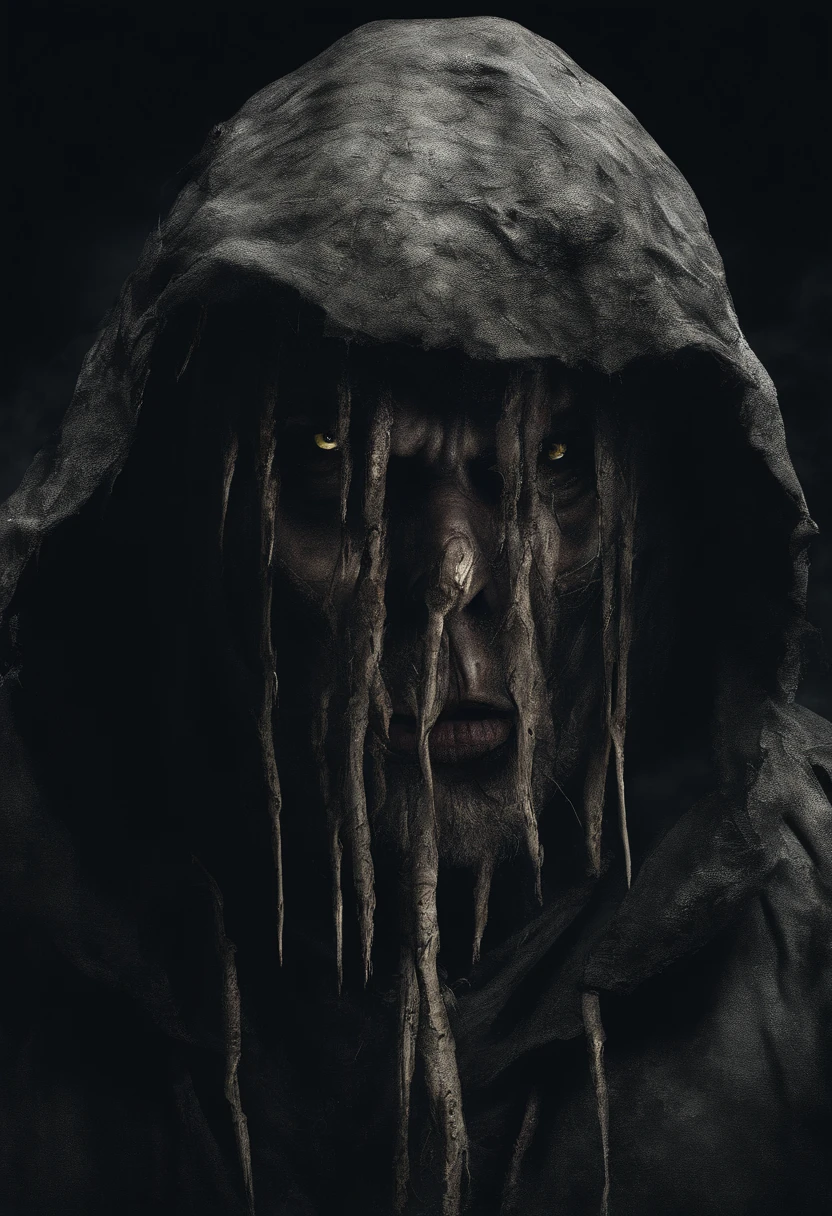 waist up, very old, half of the face deformed and melted, black aura, scary, dirty, beggar, short gray hair, pale and wrinkled skin, sparse beard, yellowish pupils, hunched posture, piercing and evil look, torn clothes, cloak of raven feathers on the back, body covered with bands and hood, fog, dark gas station, horror, fear, scary, suspense, mysterious