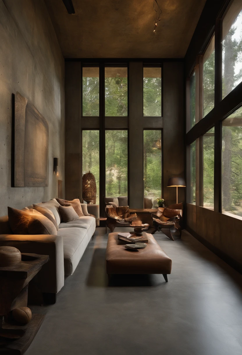 Living room contemporary realist house with waxed concrete on floors and walls, Design furniture mix with rustic furniture