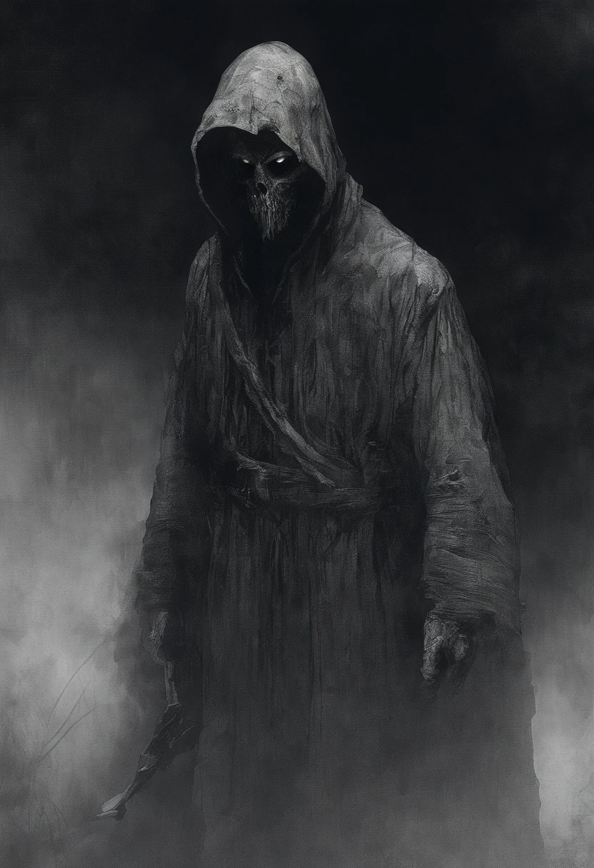 waist up, very old, half of the face deformed and melted, tall, two meters, black aura, scary, dirty, beggar, short gray hair, pale and wrinkled skin, sparse beard, yellowish pupils, hunched posture, penetrating and evil, torn clothes, cloak of raven feathers on the back, body covered with bands and hood, fog, dark gas station, horror, fear, scary, suspense, mysterious