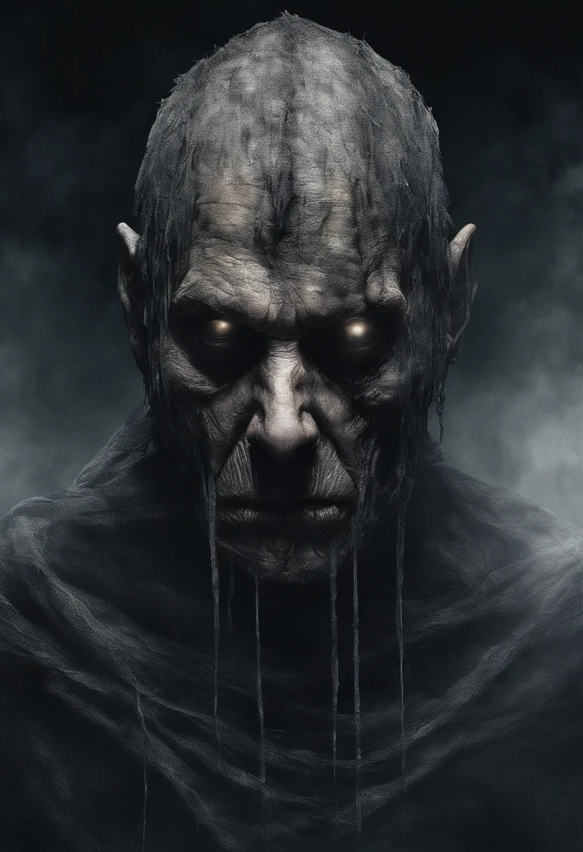 waist up, very old, half of the face deformed and melted, tall, two meters, black aura, scary, dirty, beggar, short gray hair, pale and wrinkled skin, sparse beard, yellowish pupils, hunched posture, penetrating and evil, torn clothes, cloak of raven feathers on the back, body covered with bands and hood, fog, dark gas station, horror, fear, scary, suspense, mysterious
