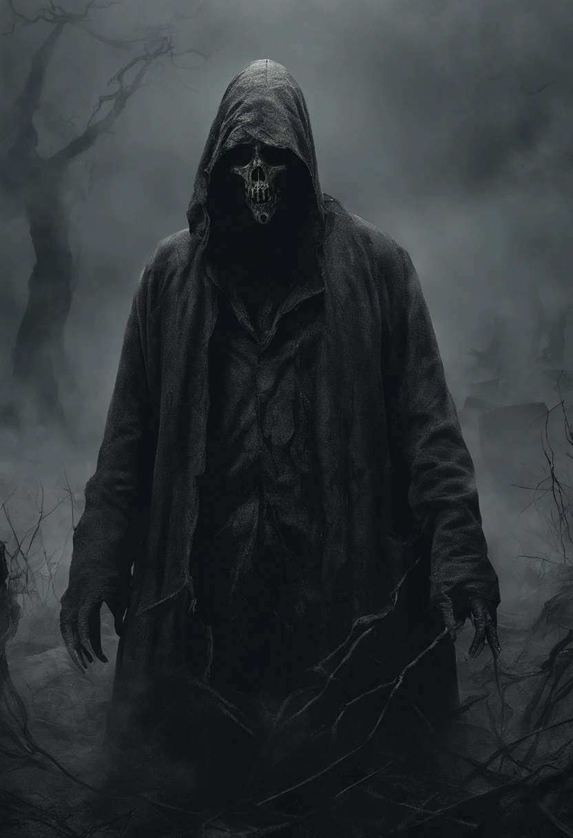 waist up, very old, half of the face deformed and melted, tall, two meters, black aura, scary, dirty, beggar, short gray hair, pale and wrinkled skin, sparse beard, yellowish pupils, hunched posture, penetrating and evil, torn clothes, cloak of raven feathers on the back, body covered with bands and hood, fog, dark gas station, horror, fear, scary, suspense, mysterious