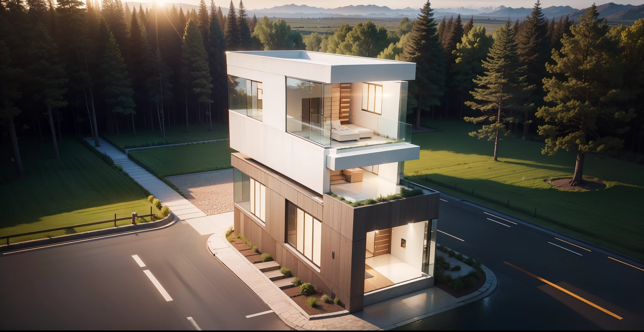 (super wide shot),(Best masterpiece),8K,A modern house with a width of 520cm and a length of 1850cm, large glass door, combination of white and brown , small road surface, Wide door, wide windows, Minimalist cubes, minimalist array, Minimalist lines, Minimalist appearance, Dense trees,Fresh green leaves, sparkling beautiful image , Evening light effect