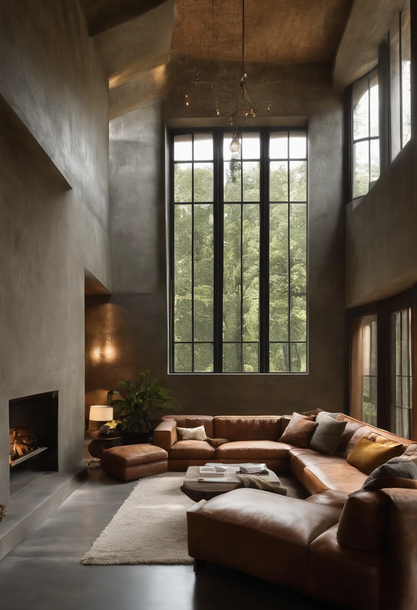 Living room contemporary realist house with waxed concrete on floors and walls, Design furniture mix with rustic furniture, luminaire au plafond