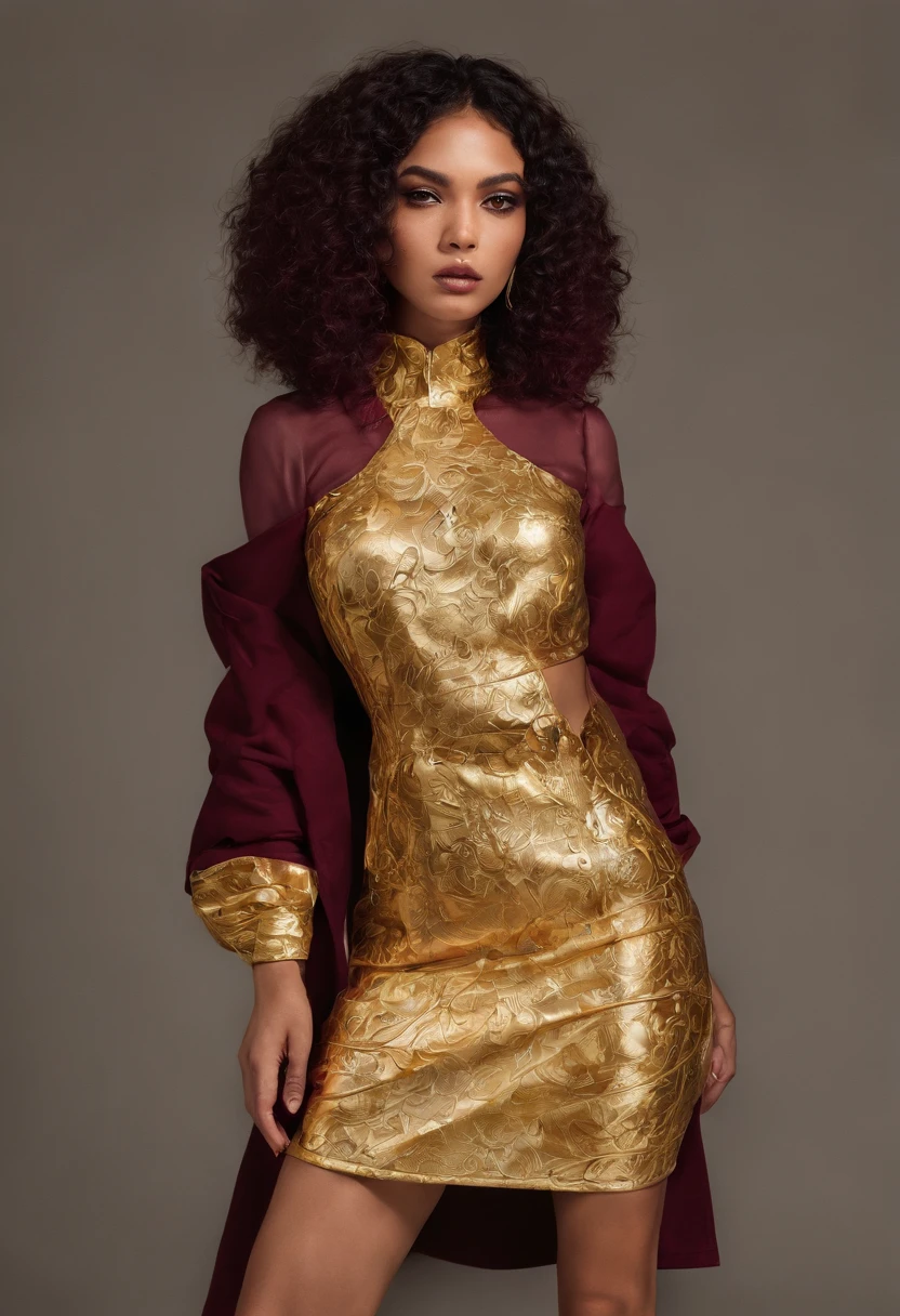 fotografia de moda, corpo inteiro, Gordinho gorgeous androgynous indigenous PIJAO Colombia, cabelos longos e lisos, Slightly elongated head, head modification, um vestido Streetwear, streetwear, vestido midi com treis pregas na frente mangas nos ombros e gola tipo V, yellow gold and burgundy, Yellow gold and burgundy streetwear dress from the brand "Ele", "Ele" streetwear, senario: emergindo de uma lagoa, ao fundo o "Nevado del Tolima" Colombia, Pico nevado, Parecendo legal, iconic, destacado, but relatable. hiper-realismo, Foto realista, Apenas fotografia, Sem escrever.
