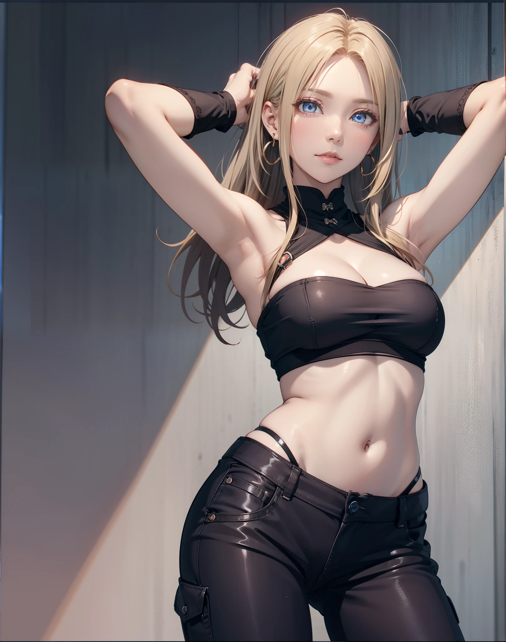 winryrockbell, winry rockbell, Beautiful eyes, blondehair, BREAK gloves, Navel, cleavage, Bare shoulders, 鎖骨, earrings, Midriff, Pants, Stomach, Bare arms, Strapless, bandana, Bandeau, Tube Top, grey gloves, Break indoors, BREAK looking at viewer, BREAK (masutepiece:1.2), Best Quality, High resolution, Unity 8k壁纸, (Illustration:0.8), (Beautiful detailed eyes:1.6), extra detailed face, Perfect Lighting, extremely details CG, (Perfect hands, Perfect Anatomy),