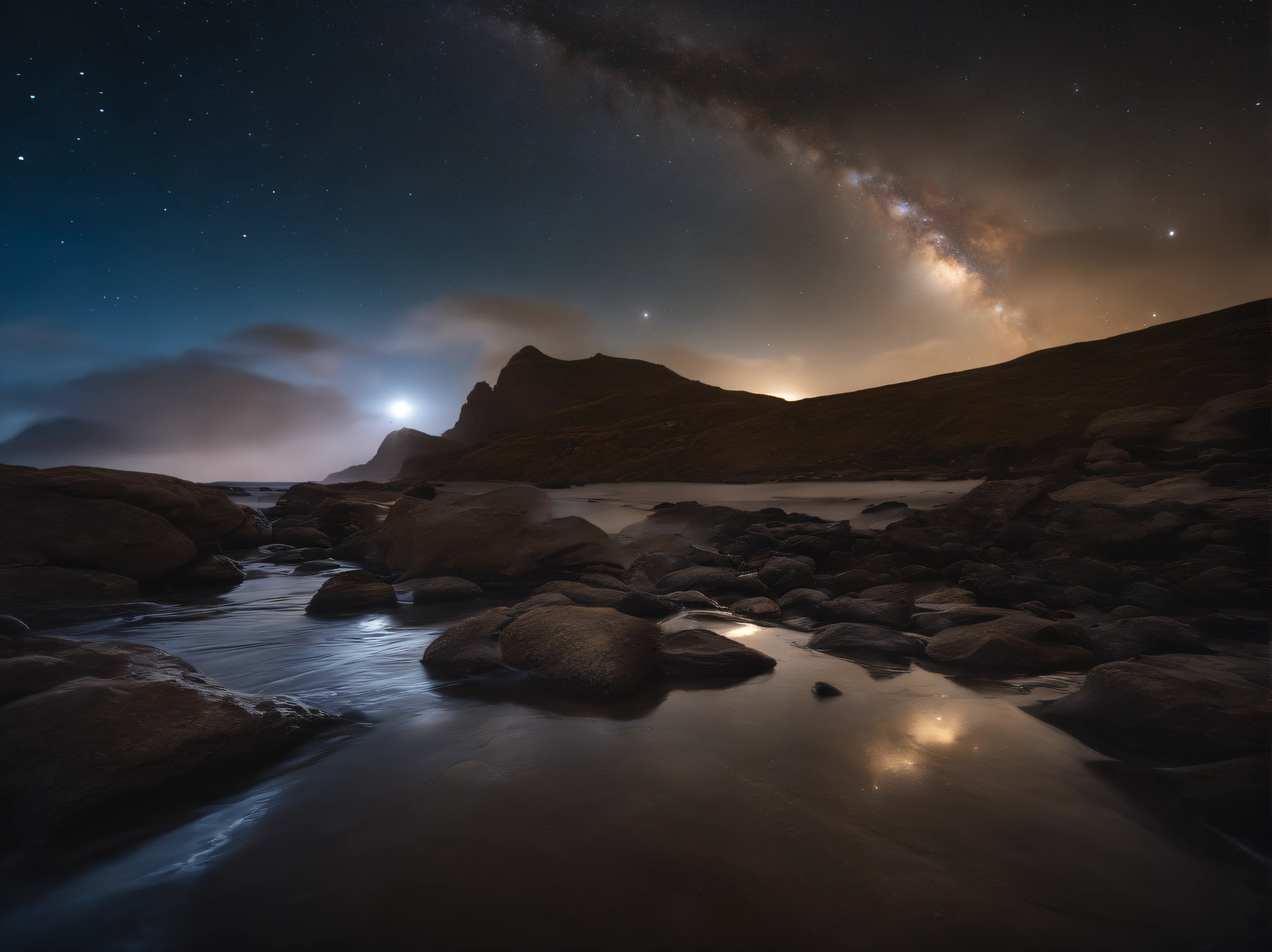 Master Parts、qualidade superior、Qualidade de imagem superior、A qualidade 8k、Beautiful photos of the starry sky、magnifica、Arched Milky Way:1.9、Mar azul brilhante、Sereias