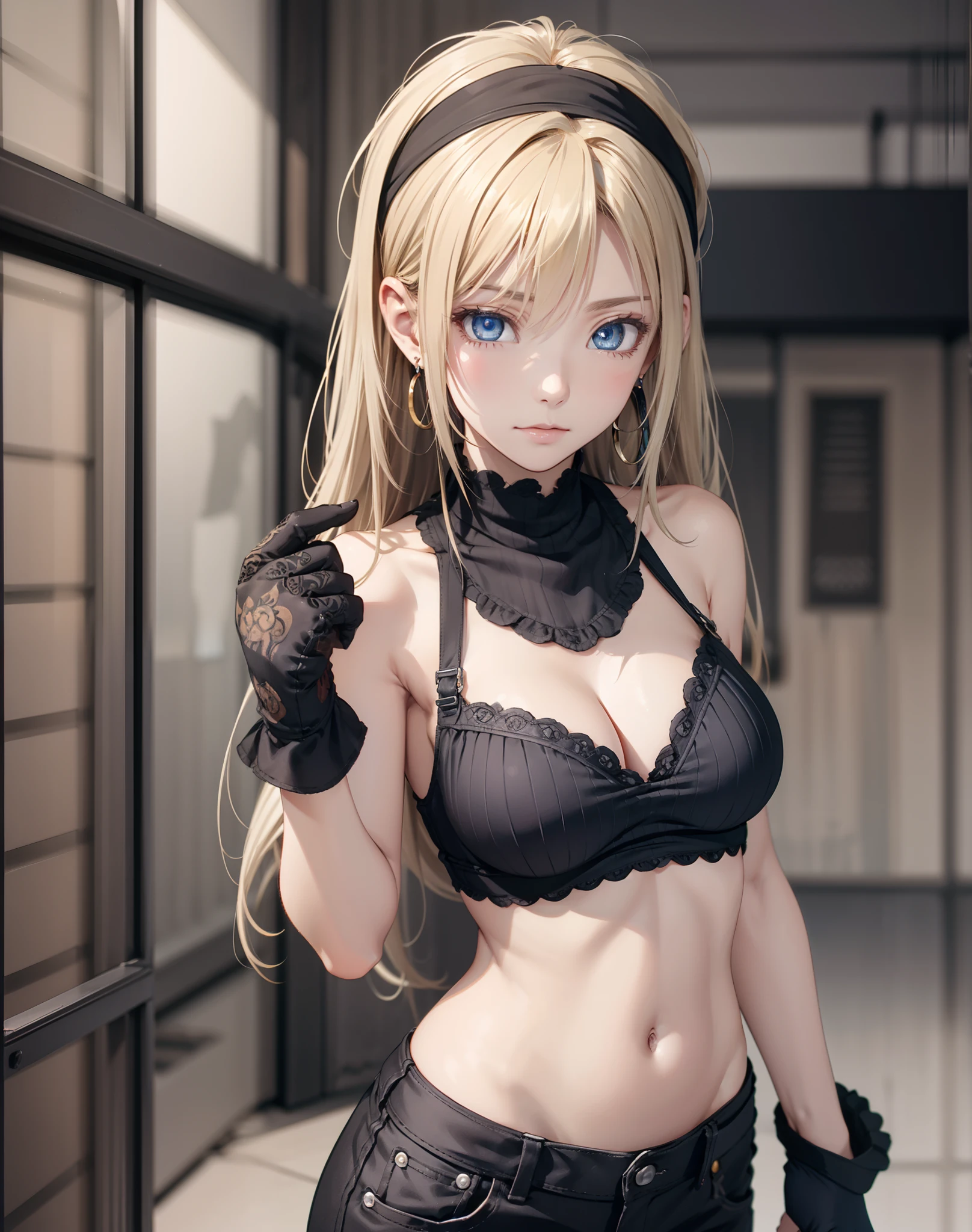 winryrockbell, winry rockbell, Beautiful eyes, blondehair, BREAK gloves, Navel, cleavage, Bare shoulders, 鎖骨, earrings, Midriff, Pants, Stomach, Bare arms, Strapless, bandana, Bandeau, Tube Top, grey gloves, Break indoors, BREAK looking at viewer, BREAK (masutepiece:1.2), Best Quality, High resolution, Unity 8k壁纸, (Illustration:0.8), (Beautiful detailed eyes:1.6), extra detailed face, Perfect Lighting, extremely details CG, (Perfect hands, Perfect Anatomy),