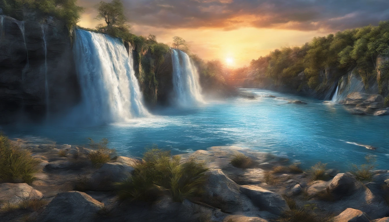 a waterfall of blue water, with a not very high drop, with a sunset in the background