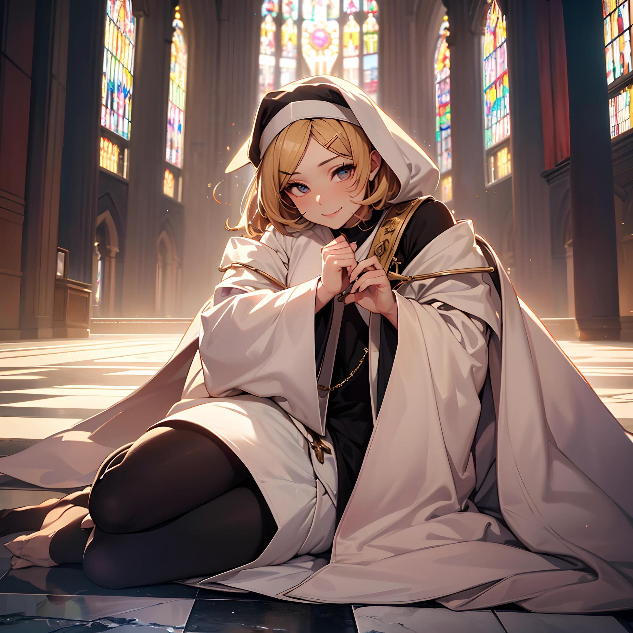 (obra maestra, mejor calidad, alta calidad, highres: 1.4), detallado, extremadamente detallado, soft ambient lighting, 4K, kagamine rin , (cabello largo, cabello rubio, cabello liso, cabello liso: 1.3), (ojos azules, sonrisa: 1.2), pechos enormes, cintura voluptuosa y estrecha, (traje de monja sexy, escote: 1.3), arrodillado, manos en el pecho, desde arriba, Marble floor, iglesia, rayos de luz