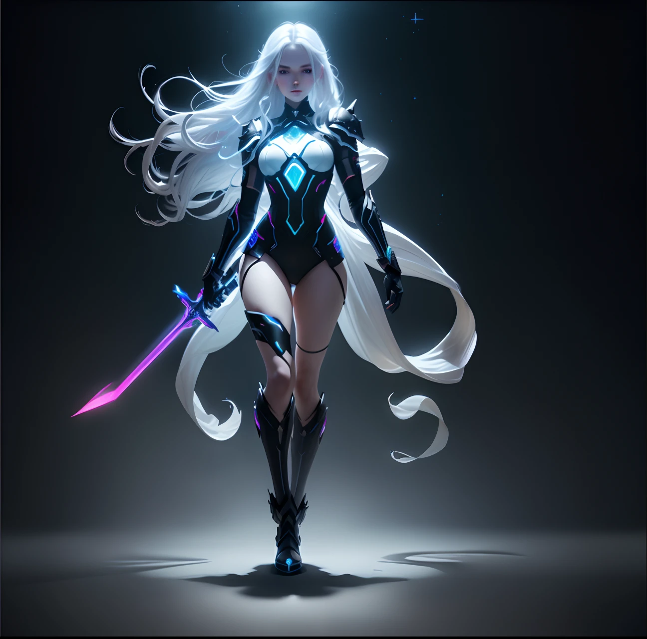 (((masterpiece, best quality, high detailed, 16k))) (1girl) A breathtakingly beautiful young slender girl with long flowing stylish white hair and piercing blue eyes. She wears a demonic armor in purple black and white. wields a large stylized scythe. ((full body view))