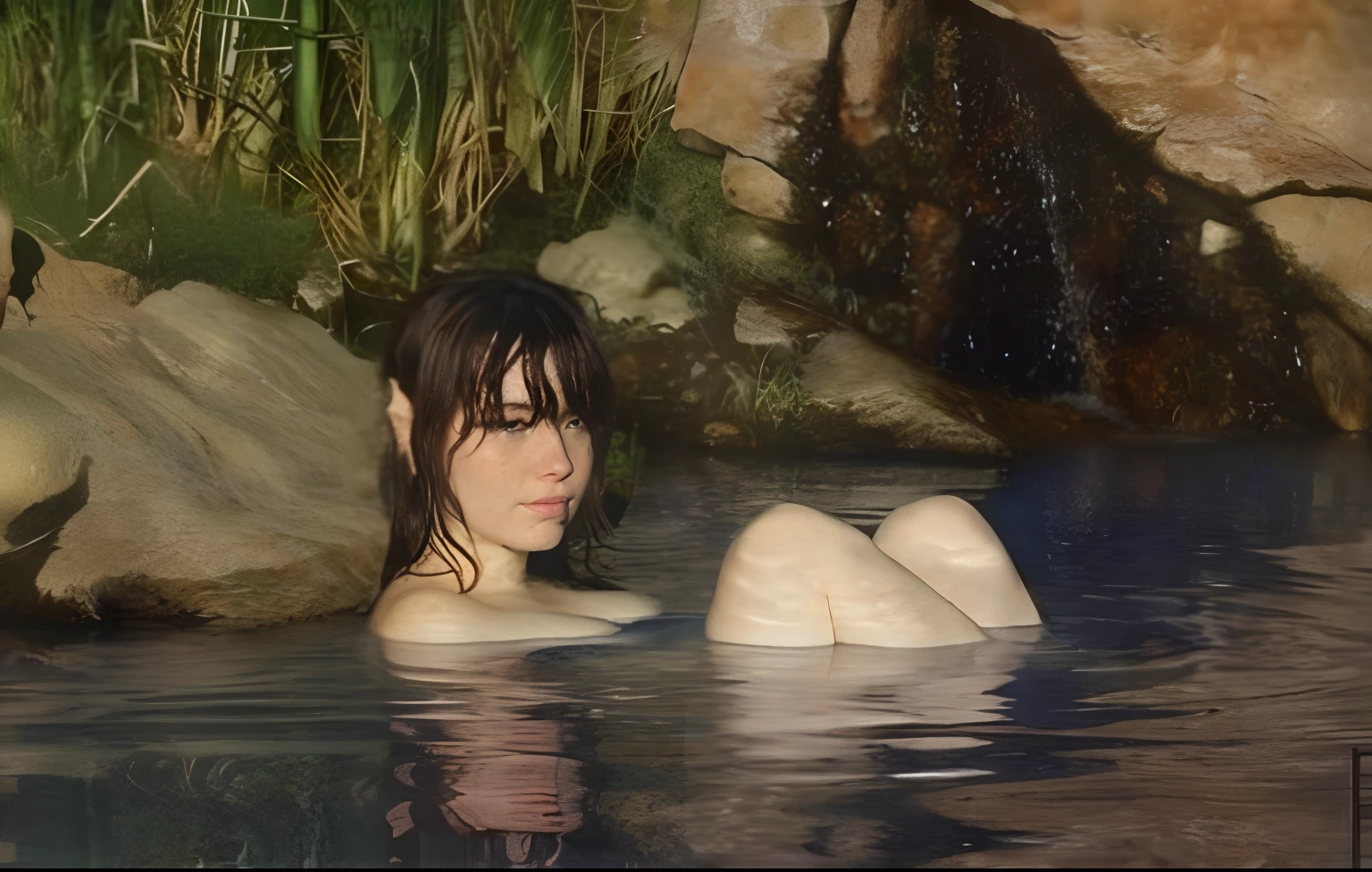 there is a woman that is in the water with her feet in the water, nymph in the water, hyperrealist portrait in a river, in the water, bathing in a waterfall, in water up to her shoulders, in water, scene where she is in rivendell, next to a waterfall, super realistic photo, with pale skin, vincent desiderio