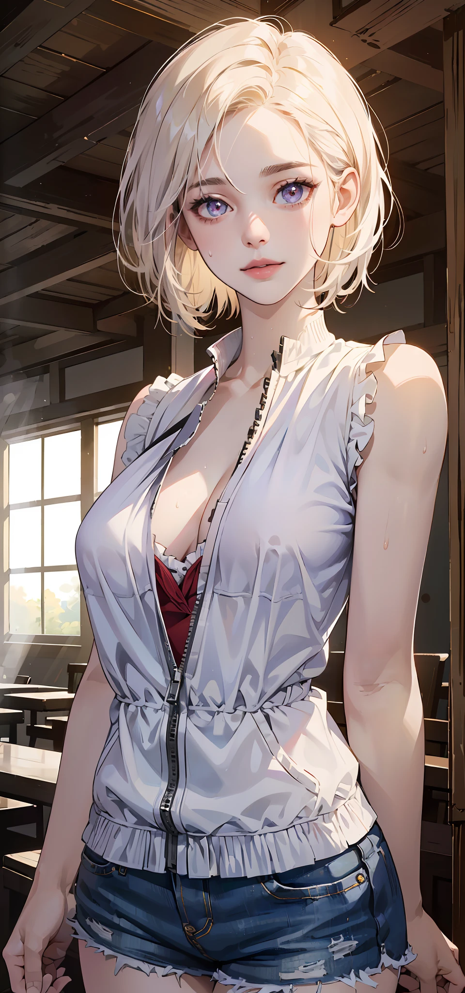 ((((Masterpiece, Best quality, high resolution)))), Extremely detailed 8K, Beautiful girl with slim body, (Ultra HD, Ultra-detailed, Highly detailed, Highly realistic, Ultra-realistic, photograph realistic), (1girll:1.5), (realistic white hair), Short wavy hair, Bob cut, (dynamicposes), facing at camera, Light smile, Purple eyes, (Large breasts: 1.2), (Beautiful detailed face, Beautiful detailed eyes), (Gilet blanc, Thin material), cleavage, Dark denim shorts, Glow, Sweat, (rays of sunshine, Sunlight),nakeness,Bare lower body,Bare breasts