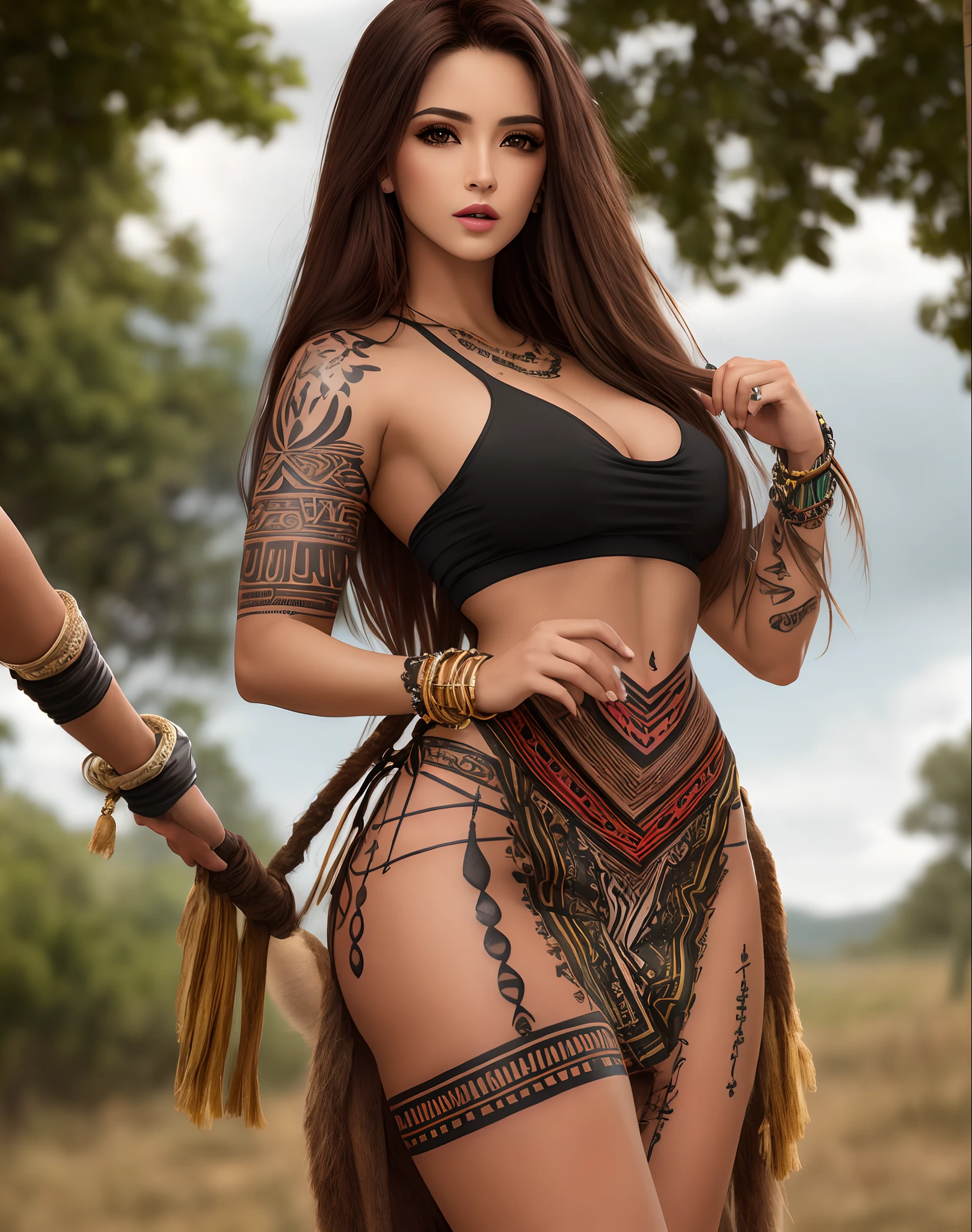 obra maestra ,ultra realista, Foto realism , Hermosa mujer negra , moist lips , ojos marrones , long chestnut brown hair ,  Suelto en el viento , muslos musculosos , cuerpo completo , (( tatuaje en el costado de la pierna , tatuaje tribal )) , Piel muy detallada ,  sexy standing , Vestido dorado , (( Vestido dorado de estilo griego )) , brillante , Todo detallado , Landscape in aphrodisiac background , ventana , Amanhecendo , PECADO , Lujuria , Strong lighting , Llamativo , 8k