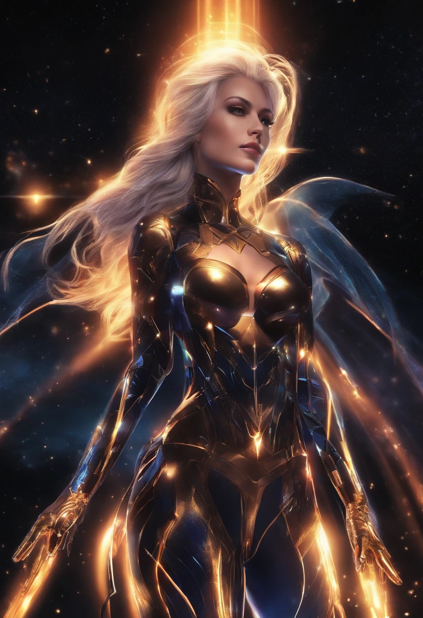 1980s anime), Anime cell shading, comic style, Cosmic Fallen Angel, glowing light eyes, Biomechanical, eerie, Creepy, nightmarish, Very bright colors, Light particles, with light glowing, Mshiff, wallpaper art, UHD wallpaper, 1woman, dynamic colors, Light particles,with light glowing tattoo, wallpaper art, UHD wallpaper, stars,galaxy,(silhouette:1.3),light streaks,abstract,nuclear blast, rainbow, dynamic pose,