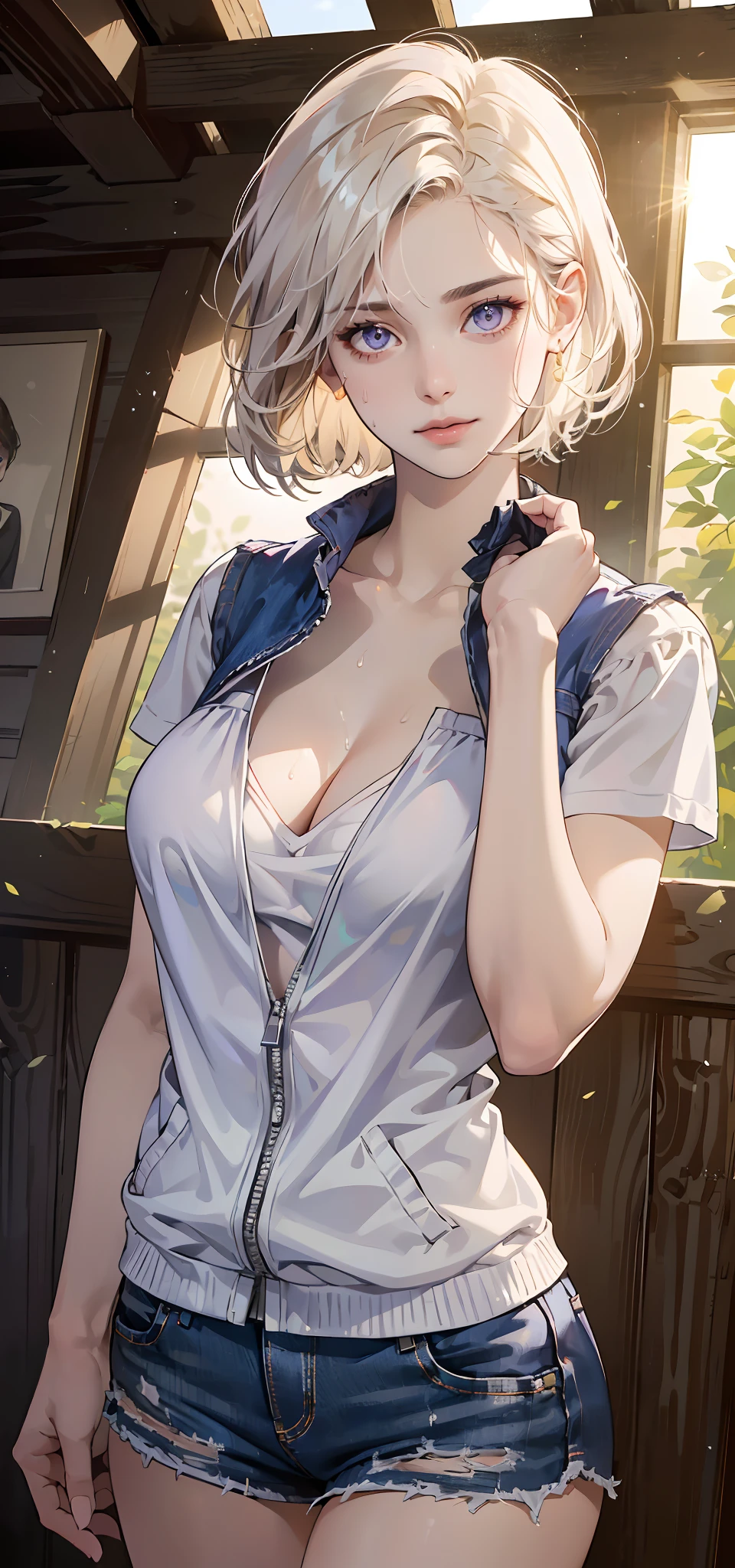 ((((Masterpiece, Best quality, high resolution)))), Extremely detailed 8K, Beautiful girl with slim body, (Ultra HD, Ultra-detailed, Highly detailed, Highly realistic, Ultra-realistic, photograph realistic), (1girll:1.5), (realistic white hair), Short wavy hair, Bob cut, (dynamicposes), facing at camera, Light smile, Purple eyes, (Large breasts: 1.2), (Beautiful detailed face, Beautiful detailed eyes), (Gilet blanc, Thin material), cleavage, Dark denim shorts, Glow, Sweat, (rays of sunshine, Sunlight),nakeness,Bare lower body,Bare breasts