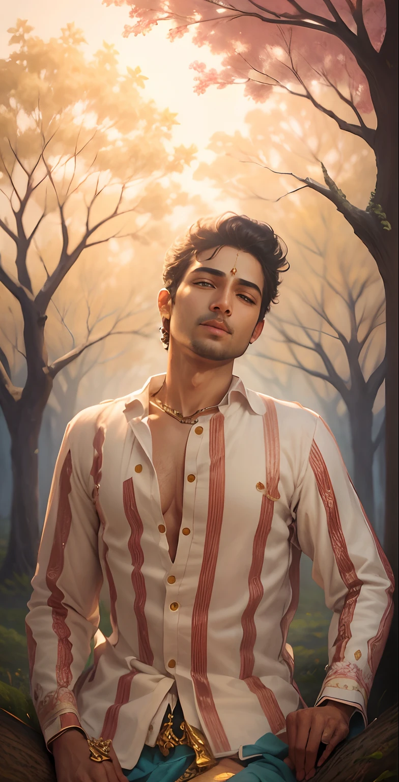 Realistic face with like Lord Krishna is sitting under a big tree and playing the flute. There are very beautiful scenery around me.