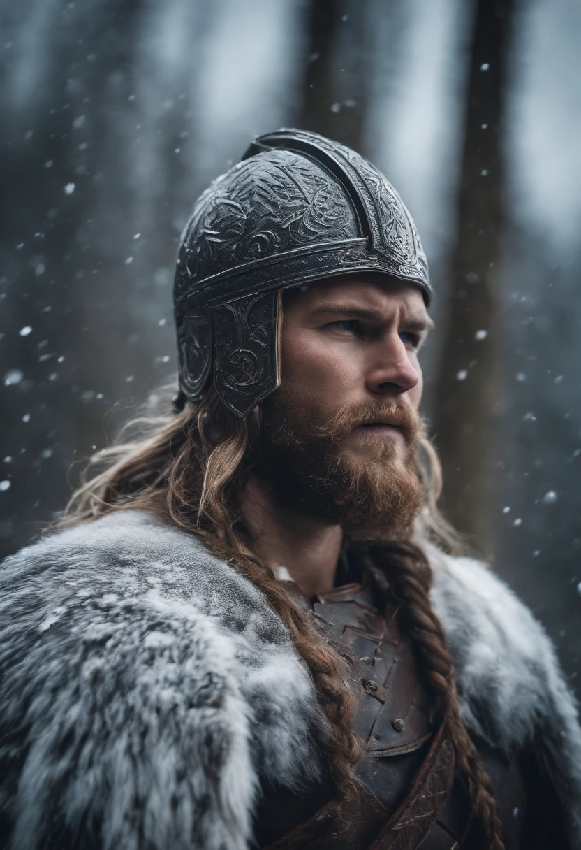 viking com cabelo ruivo subindo uma montanha de gelo no meio de uma tempestade de neve