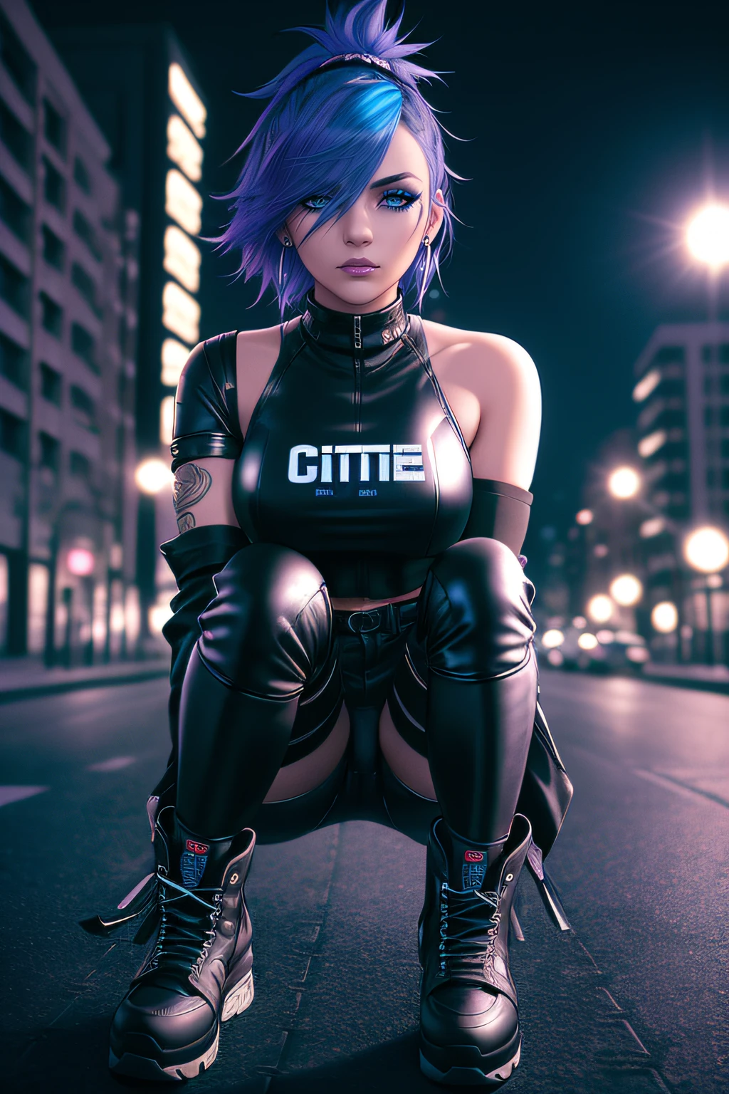 beautiful girl, full body, short bright blue dishevelled hair, black eyeshadow, (street style wear:1.2), ((tight fitted pants)), ((knee high leather boots)), (city night background:1.2), dark makeup, digital art, trending on artstation, highly detailed, fine detail, intricate,  beautiful detailed glow, detailed, Cinematic light, high-res, detailed facial features, sharp focus, smooth, aesthetic,