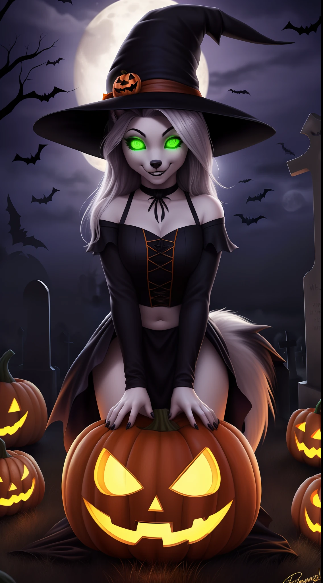 von Personalami, Helluva Boss, Loona Hellhound, Loona, Loona from Helluva Boss, weiblich, (detailliert), Ansicht des Betrachters, flauschig, nur, high resolution, fotorealistisch, niedlich schauend, verlegend schauend, (((witch outfit))), (((glowing halloween pumpkin))), (((at a cemetery))), (((at night))), (((beg full of candy))), ((evil smile)), (((glowing eyes))), (((full moon ))), happy, detailliert, detailliert vaginal, green eyes, ((detaillierte Augen), full-body, weiblich, mager weiblich, looks happy, Blick auf den Betrachter, (detailliert), flauschig, hight resolution, fotorealistisch, detailliertes Fell, ((im Wasser)), ((Schwanz rechts Position)), standing position, (((anatomy correct))), (((anatomoy correct tail))), ((tail correct Position)), five fingers, beautiful, (((masterpiece))), (((best quality))), detailled image, ((reflective lighting)), ((detailed shading)),