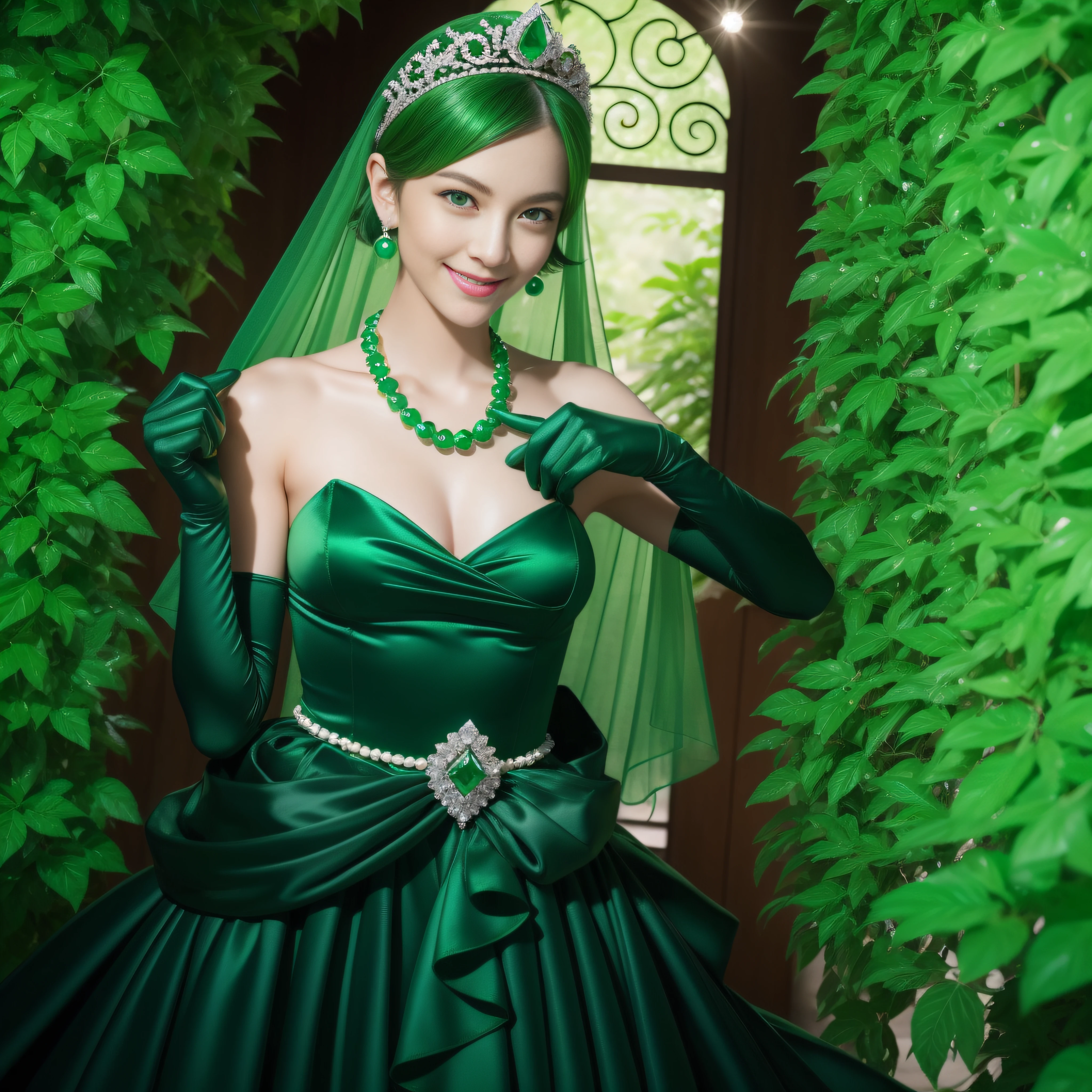 emerald tiara, Green Pearl Necklace, Boyish very short green hair, lipsticks, Japan woman smiling, very short short hair, fist, big breasts beautiful, Green eyes, Long green gloves made of satin material, Green eyes, Emerald Earrings