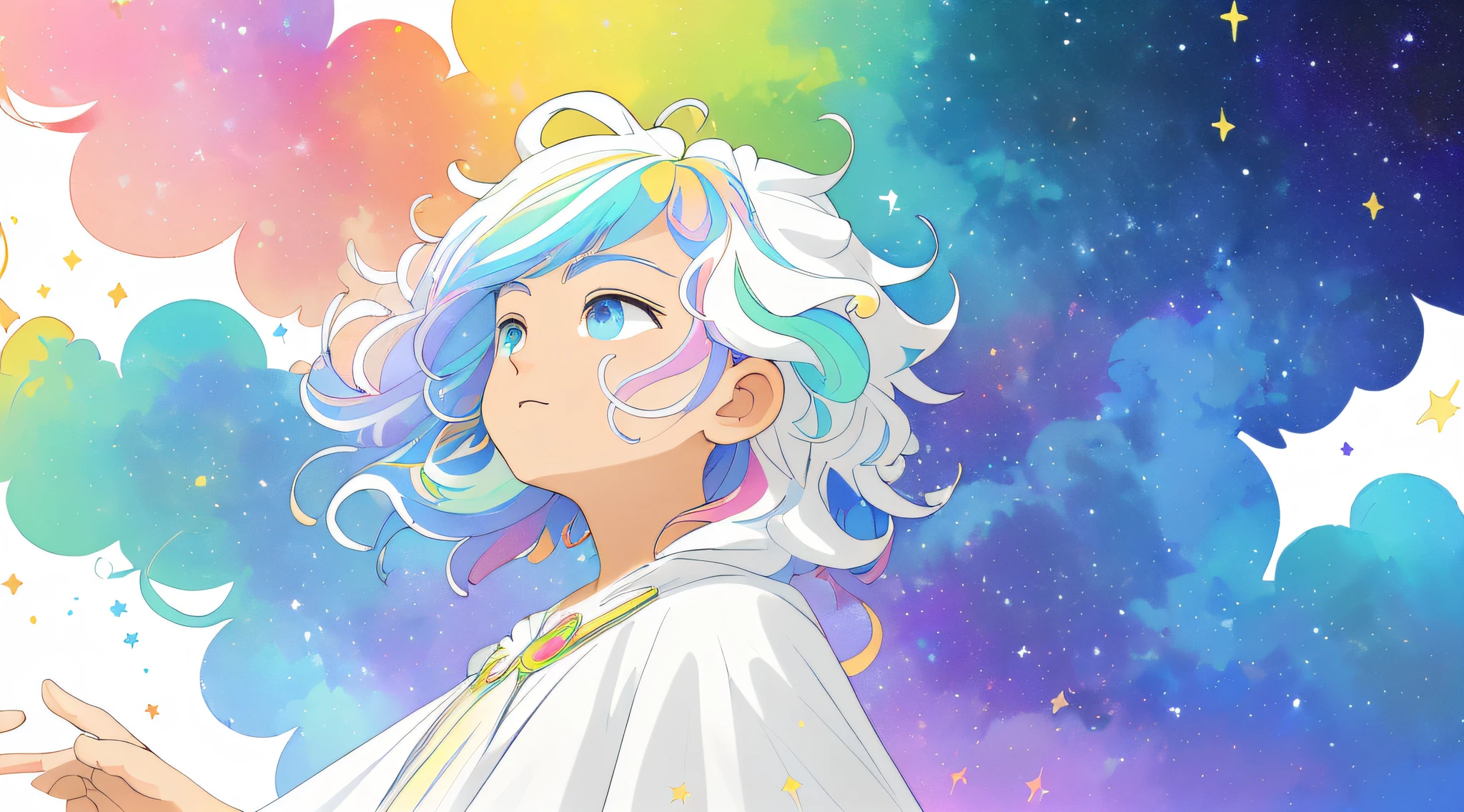((masterpiece)), (((best quality))), ((ultra-detailed)), ((illustration)),[realism light effect],shadow,(Fantasy style),(white background:1.6), simple background, (earth theme),(a cloak)[(hair focus,((1girl)),[(big slime hair): (cloud hair):0.3], (hair on background),(high saturation),(hair surrounded by galaxy splashes),)):((her hair is becoming galaxy clouds,:1.27628), (hair and clothes is galaxy clouds and cluster of stars:1.1025),(a cloak is becoming galaxy clouds)(colorful_galaxy_print_clusters_of_stars_print:1.35),((detailed starry sky with colorful galaxy and galaxy clouds):1.2)):0.35], (((masterpiece))),(((best quality))),((ultra-detailed)),(illustration),(dynamic angle),((floating)),(paint),((disheveled hair)),((beautiful detailed face)),collar,bare shoulders, ((colorful hair)),((streaked hair)),beautiful detailed eyes,(Gradient color eyes),(((colorful eyes))),(((colorful background))),(((high saturation))),(((surrounded by colorful splashes))),(((surrounded by colorful dot))),colorful bubble,((shining)),