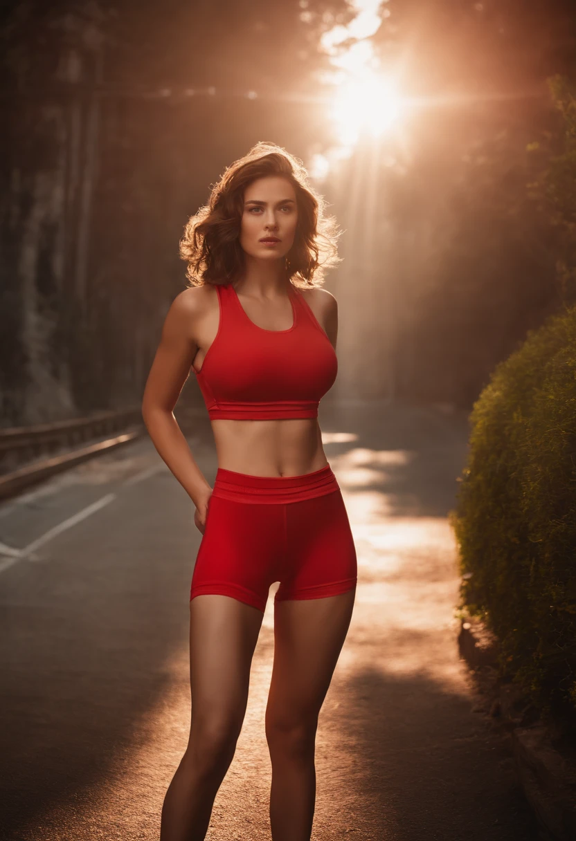 Red Jersey,Red shorts,Navel Ejection,Brown hair,The face is the same as the model,squint a little,Characters as they are,Convert to live-action style,in 8K,top-quality,highest details