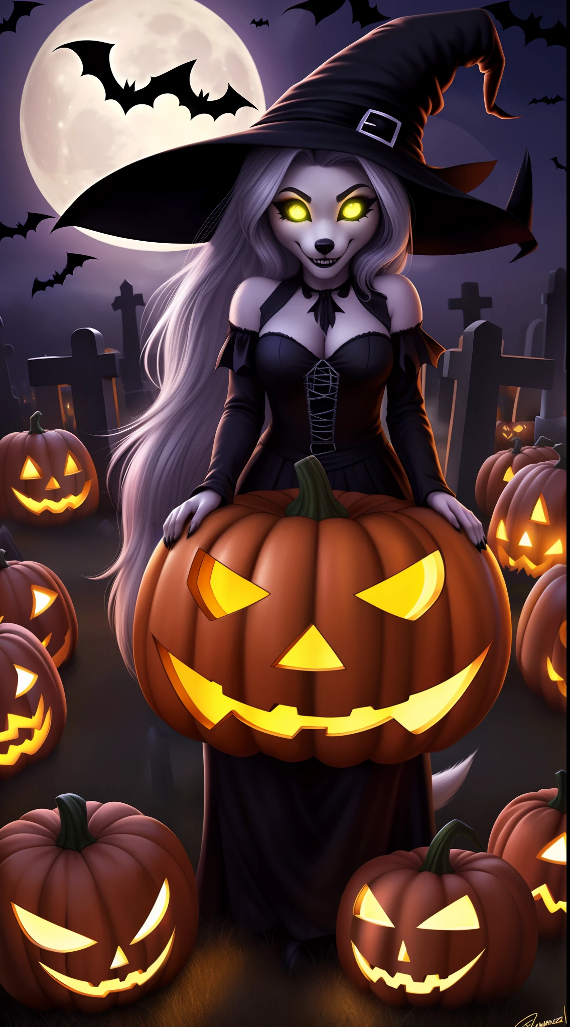 von Personalami, Helluva Boss, Loona Hellhound, Loona, Loona from Helluva Boss, weiblich, (detailliert), Ansicht des Betrachters, flauschig, nur, high resolution, fotorealistisch, niedlich schauend, verlegend schauend, (((witch outfit))), (((glowing halloween pumpkin))), (((at a cemetery))), (((at night))), (((beg full of candy))), ((evil smile)), (((glowing eyes))), (((full moon ))), happy, detailliert, detailliert vaginal, green eyes, ((detaillierte Augen), full-body, weiblich, mager weiblich, looks happy, Blick auf den Betrachter, (detailliert), flauschig, hight resolution, fotorealistisch, detailliertes Fell, ((im Wasser)), ((Schwanz rechts Position)), standing position, (((anatomy correct))), (((anatomoy correct tail))), ((tail correct Position)), five fingers, beautiful, (((masterpiece))), (((best quality))), detailled image, ((reflective lighting)), ((detailed shading)),