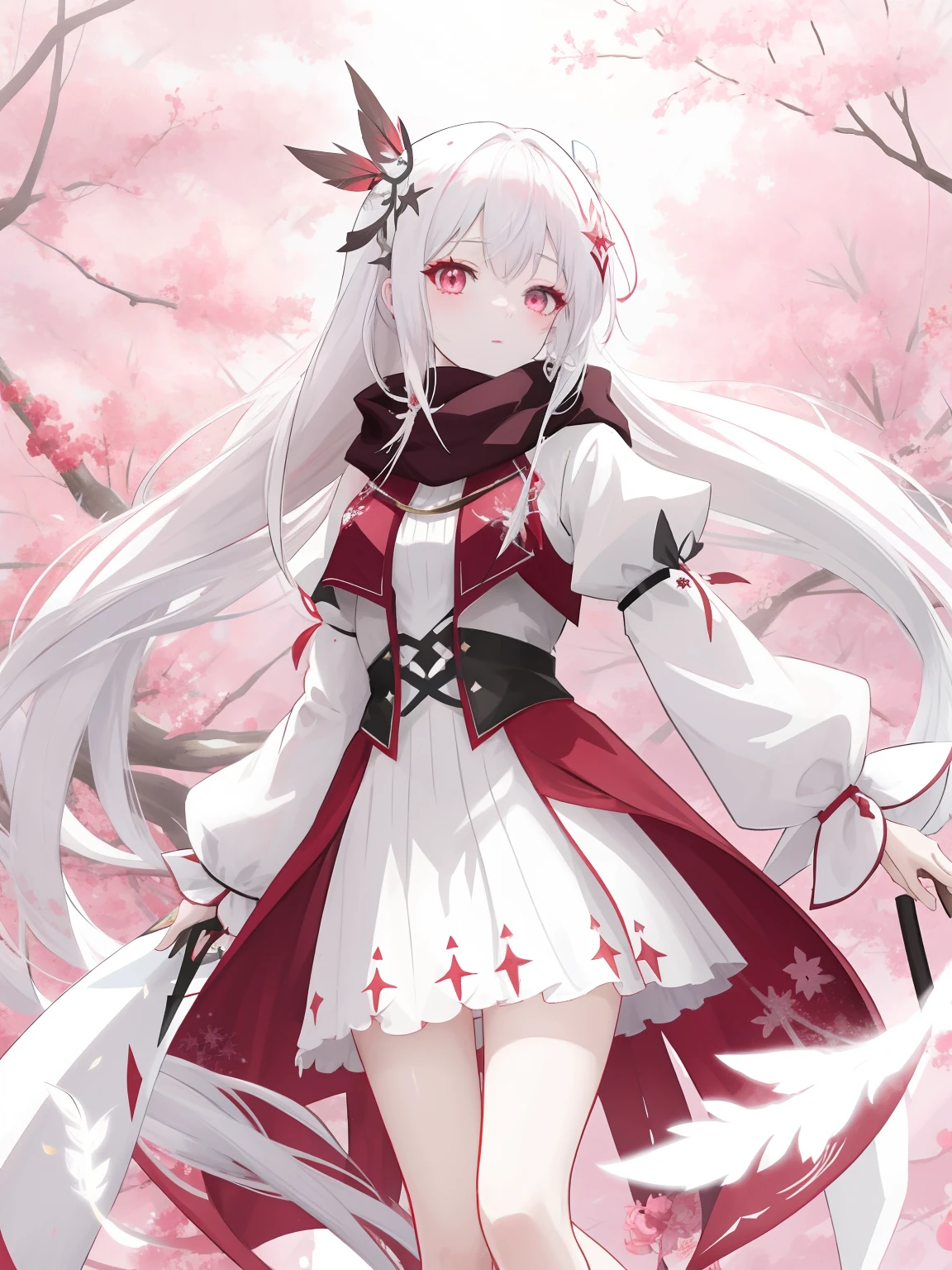 Anime game Arcane Garden's of the Great White Empire - Crazy fairy, snow white skin, long hair with straight locks, ash hair, pink empty eyes, white feather wings folded down, long white and ash scarf, white and ash dress with a short skirt, scarlet patterns of tree branches from the Ash Garden in the background, dark scarlet patterns of snowflakes on the dress, long burgundy socks, dark scarlet boots