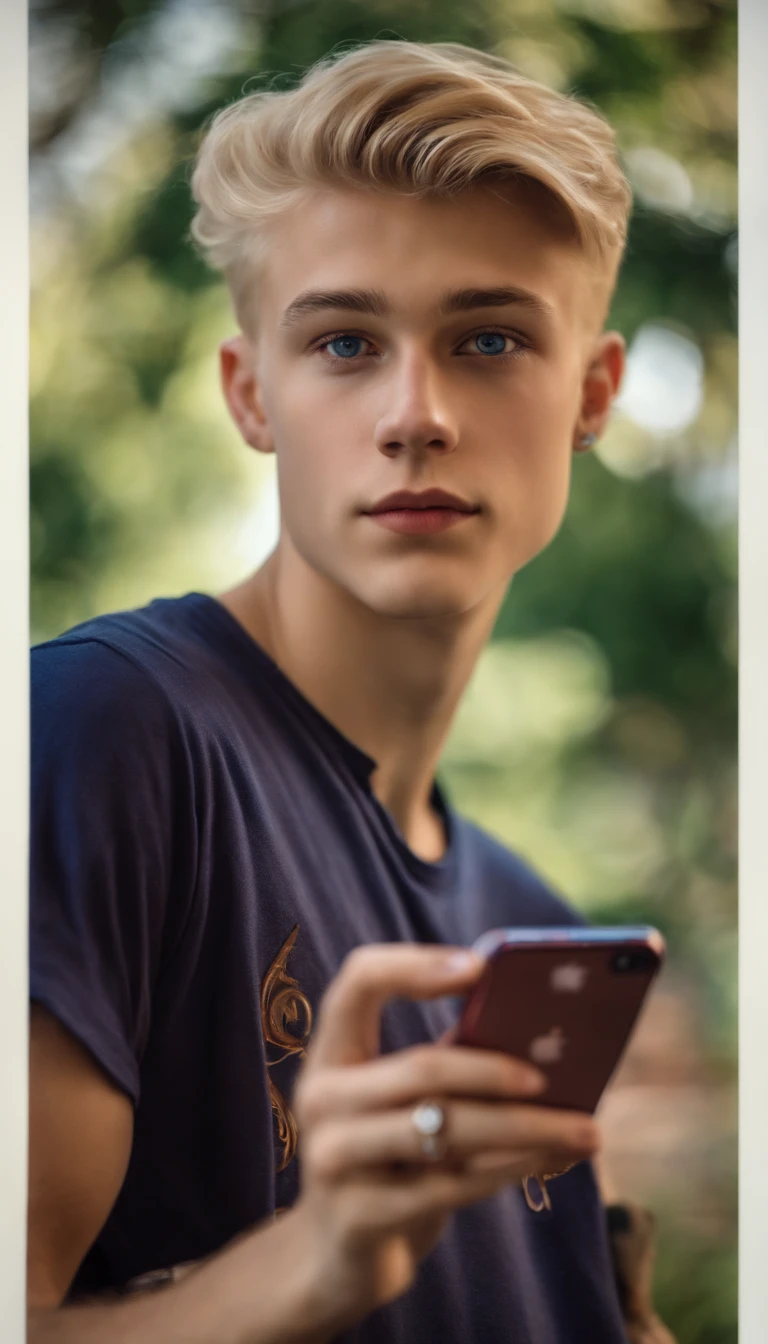 blonde boy in college portrait looking forward, with iphone 15 in hand