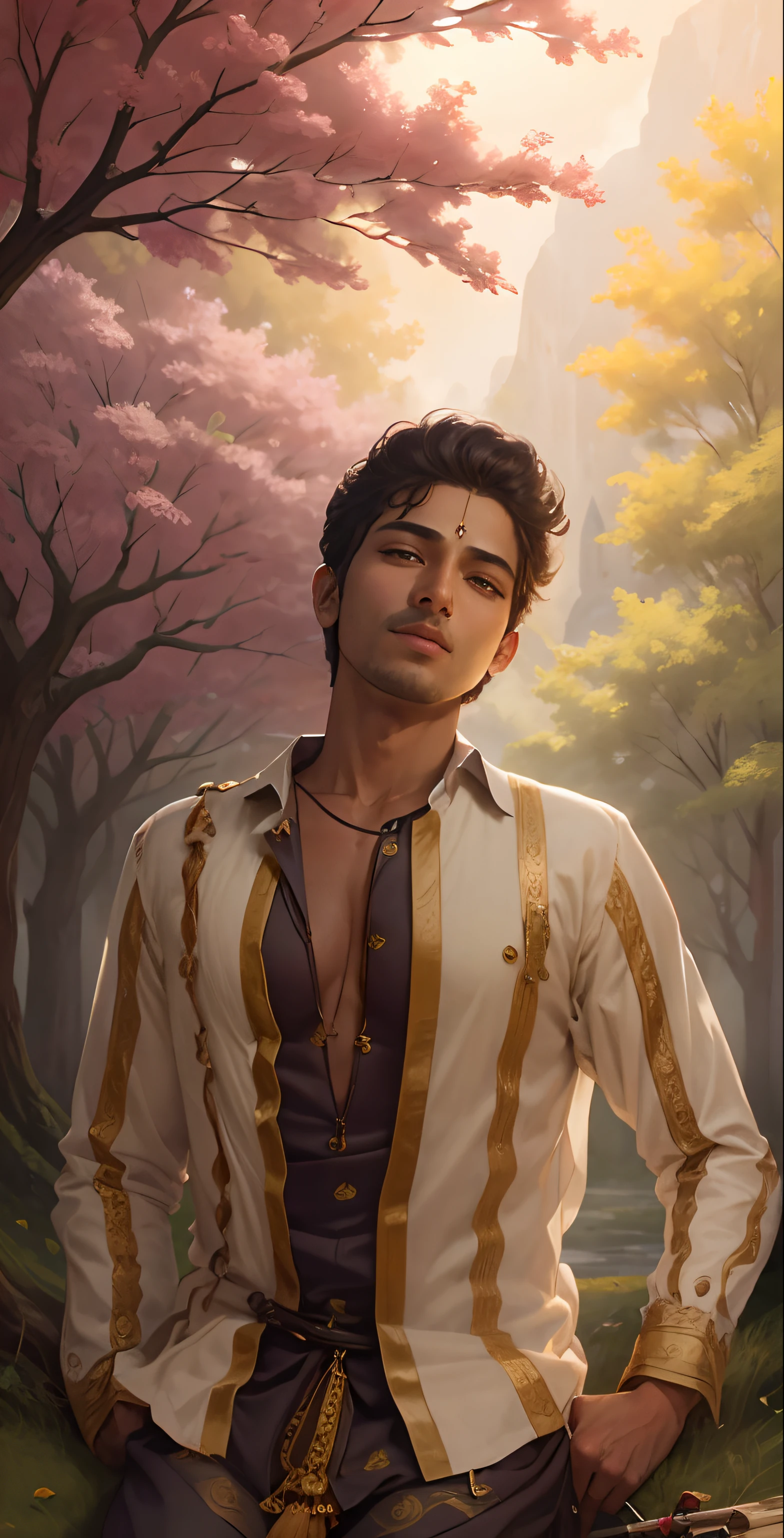 Realistic face with like Lord Krishna is sitting under a big tree and playing the flute. There are very beautiful scenery around me.