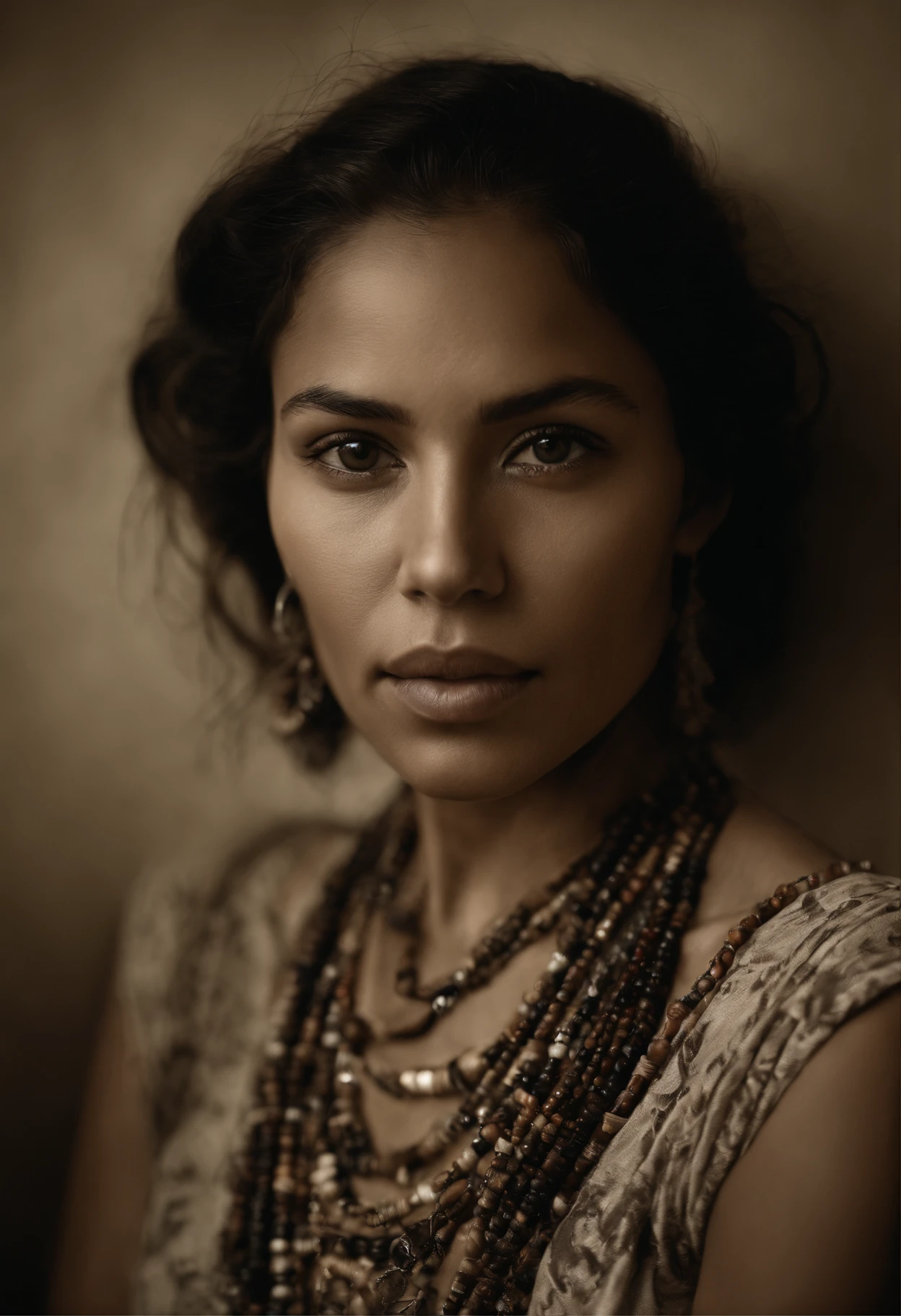 30yo Lakota woman, Native Indigenous female, ((photo taken is sepia, tintype photo, portrait,(high contrast))), (deep, darkest shadows), (35mm film), high contrast,((taken using Leica camera, aperature: f/2.8)) ,(kkw-ph1:0.9), hyper-realistic skin, (she is tattooed), (she's wearing dark contemporary chic jacket with intricate colorful bead work:1.2),( layers of clothes)), background: indian reservation Dakotas USA, intricated beaded mural, most beautiful woman, (her long hair is pitch dark, beaded hair clip), she in dark with natural light glow, radiant skin , (sun accents her features),intense eye contact, tough, confident, a stunning woman, (relaxed , composed, ), (hyper-detailed bead fabric texture, shirt pattern, fabric, (naturally backlit)), (highest quality fabric texture: 1.2), sepia-tone coloring film, vintage, accent highlights, shadows, film quality, cinematic, powerful image, strong woman, minimal, atmospheric air, (ultra-realistic ,soft accent light, gorgeous natural lighting, (stunning facial lighting)), (highest quality fabric texture),, High-realism hair and skin, (ultra-realistic skin, Native woman ), stylish elegance, Finely detailed,(Fine-grained), (highest detail skin texture peach-fuzz, freckles, skin realistic,) ○○ res – ultra high high resolution , very high texture (film negative grain highlights resolution), Photorealistic hands and fingers – (photorealistic beautiful 4k) , 8K,extreme detail, close and intimate, close-up, Her perfectly framed face, plains indian woman, a work of art, beautiful composition, solo woman, (highest quality fabric texture), dark thick hair, every detail,Fine facial features, Masterpiece – (Highest Quality) ,Leica camera film, High quality ○○ detailed – ○○ details ultra detailed(Ultra-fine ), Photorealistic, Extremely detailed(Extremely detailed) , Finely detailed, (highest detail image, lens flare, realistic)○○ res – ○○ resolution ultra high res(A high resolution), intimate and relaxed