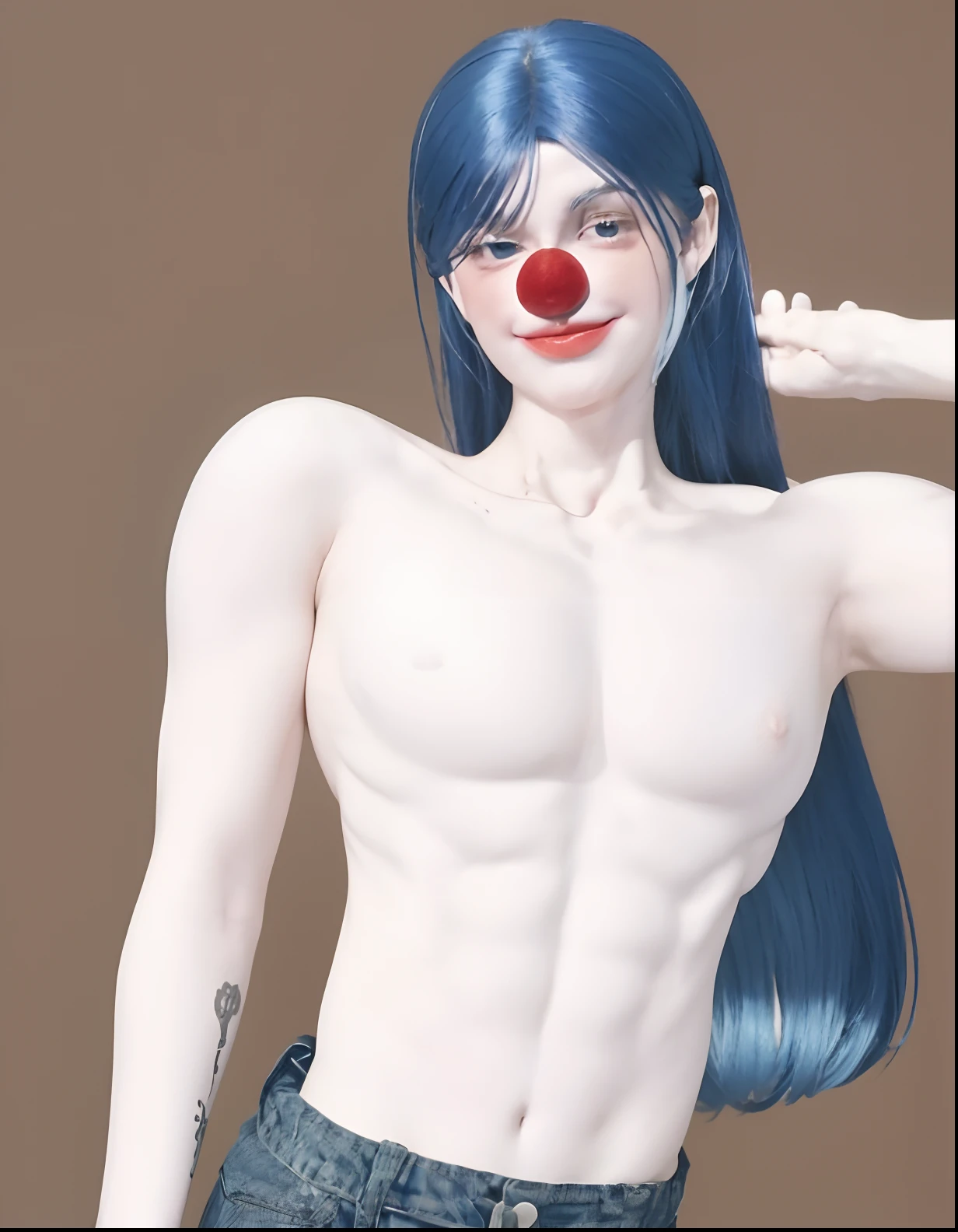 There is a 3D image of a woman with a clown nose, e 2K Cutecore Clowncore, not shirt :: High detail, cutecore clown, pale blue skin, pale snow white skin, corpo completo do personagem, Corpo extra detalhado, dramatic smirk pose, corpo perfeito sombreado realista, pose de bolo de carne, pele azul lisa, com pele azul
