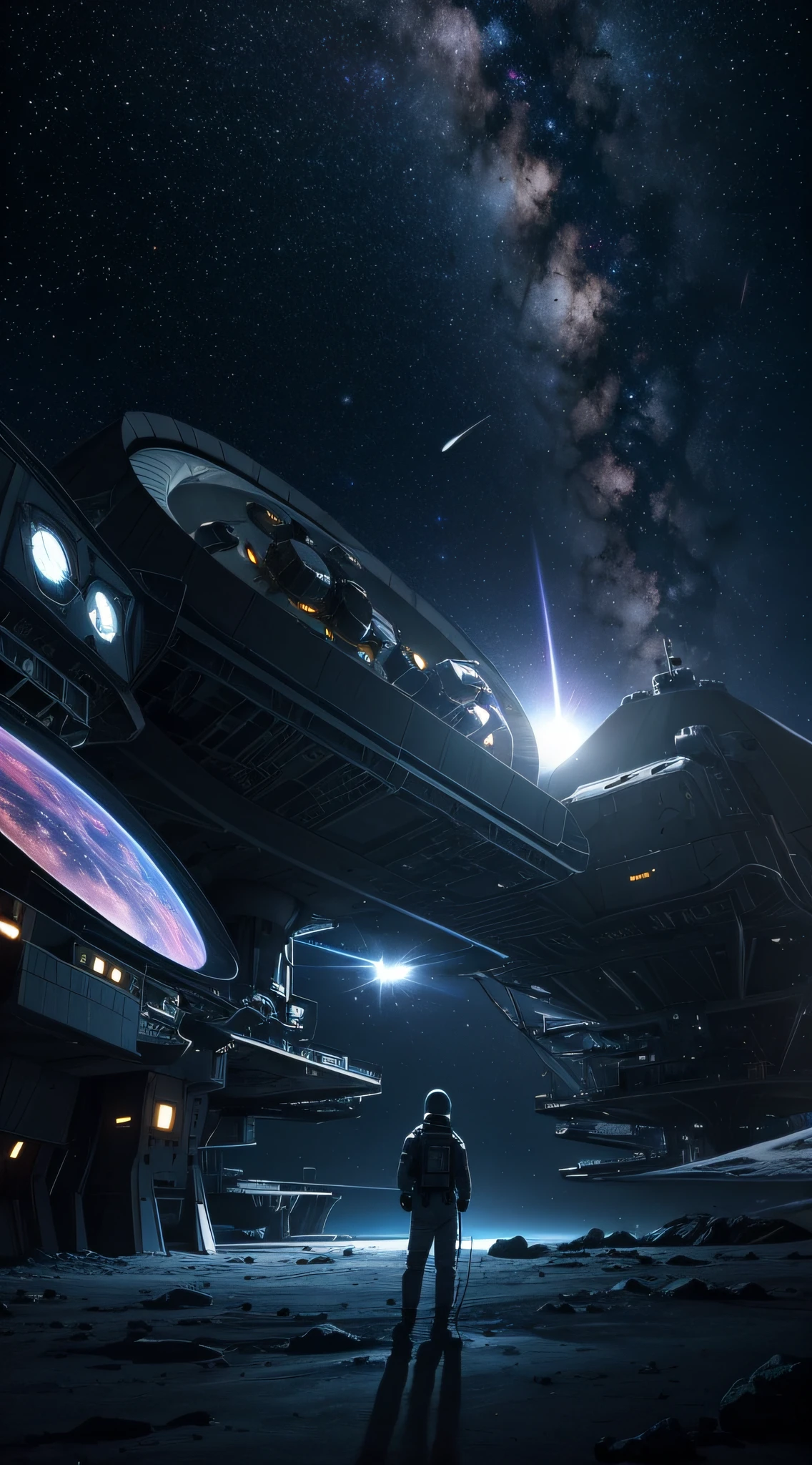 (best quality,4k,8k,highres,masterpiece:1.2),ultra-detailed,(realistic,photorealistic,photo-realistic:1.37),secret government space agencies,concept artists,sci-fi,portrait,landscape,mysterious atmosphere,dark and moody,vivid colors,high-tech facilities,advanced technology,military space crafts and vehicles,star-filled sky,cosmic backdrop,secretive astronauts,astroscience research facility,renowned scientists working behind the scenes,intricate satellite systems,cryptic mission control room,surveillance equipment,classified documents and folders,sophisticated AI systems,hidden extraterrestrial encounters,encrypted communication systems,neon lighting,stealth operations,rocket launch pad,mind-bending time-travel experiments,exotic alien artifacts and specimens,unexplored galaxies and star systems,breathtaking space vistas,cosmic secrets waiting to be unravelled,laser beams cutting through the darkness,intense secrecy and security protocols,nighttime launch operations,moonlit spacewalks,mystical energy sources powering space technology,planet exploration and colonization initiatives,interstellar travel capabilities,unseen parallel dimensions,ultimate quest for knowledge and understanding of the universe.