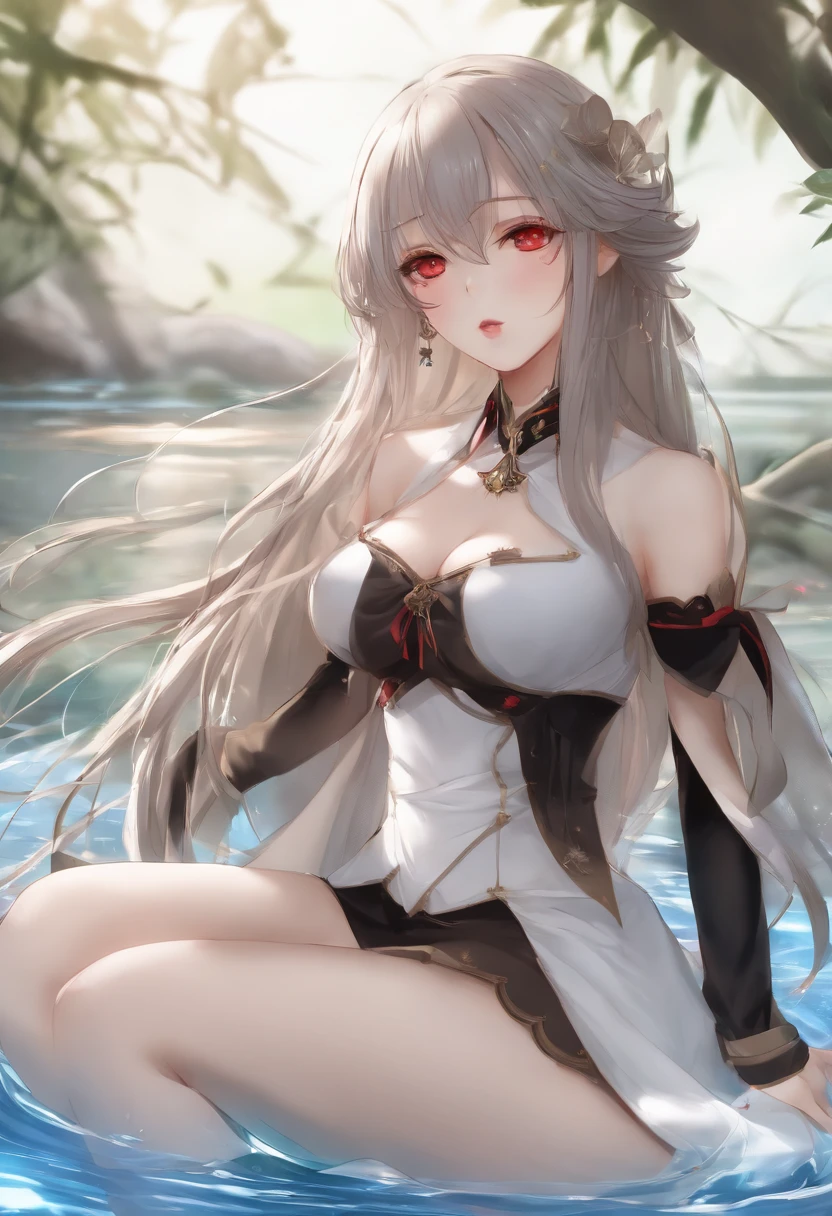Red eyes, Soft shirt 8K, Best quality, Masterpiece:1.2),(Best quality:1.0),超高分辨率:1.0, Extremely detailed, Renders, 4K, absurderes, hdr, view the viewer, Lips, parted lip,No clothing, Huge breasts, Medium full shot, seele, the original god, White color hair, bangs, Straight hair, Long hair, Place your index finger in your mouth,Outlet water, No underwear,scantily clad,spread their legs,Refine the background,Exposing the,onbed,Shy,red color eyes